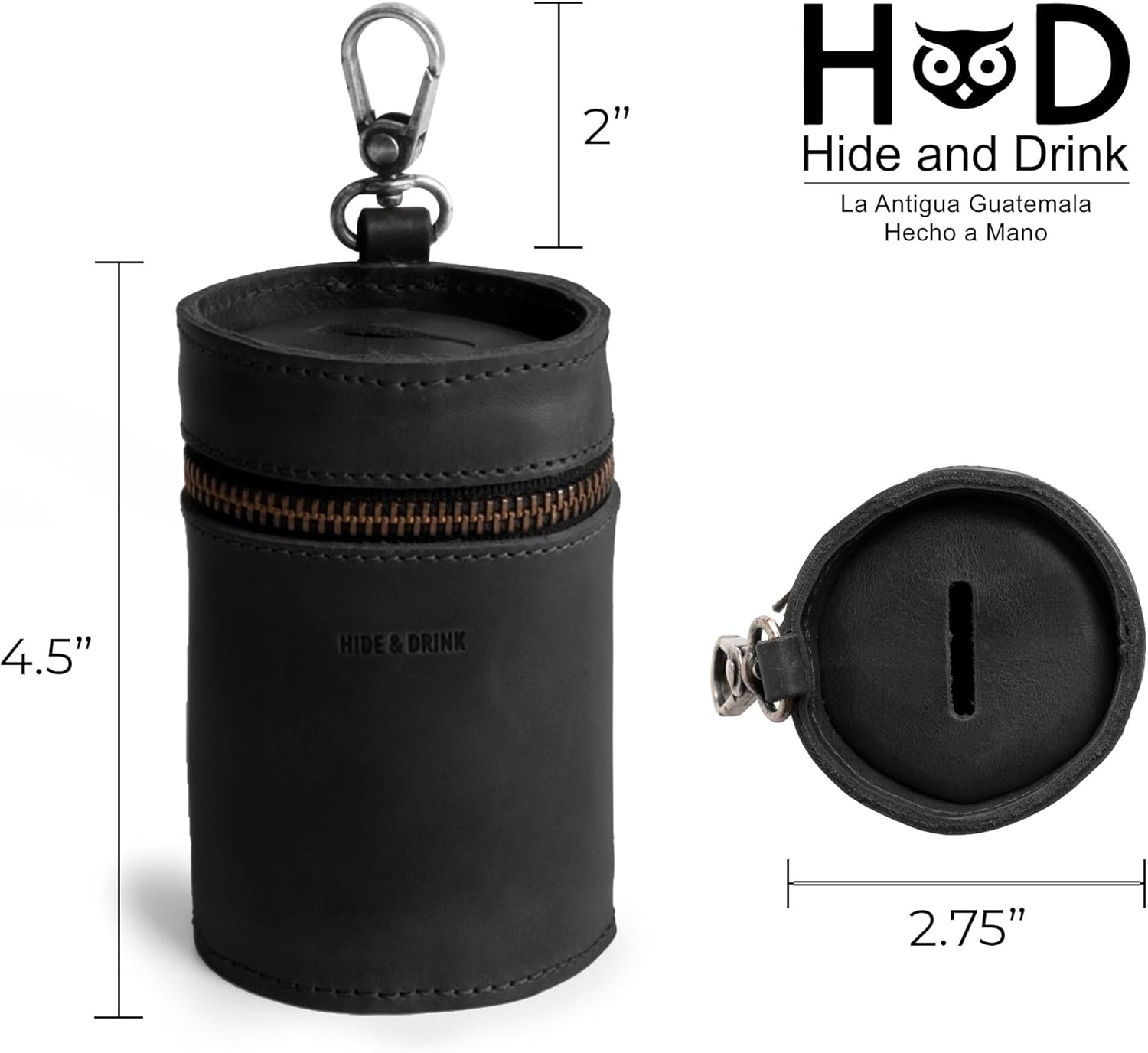 Hide & Drink, Money Box, Piggy Bank Bucket, Zippered Pouch, Cash Organizer, Coin Case, Full Grain Leather, Handmade (Charcoal Black)