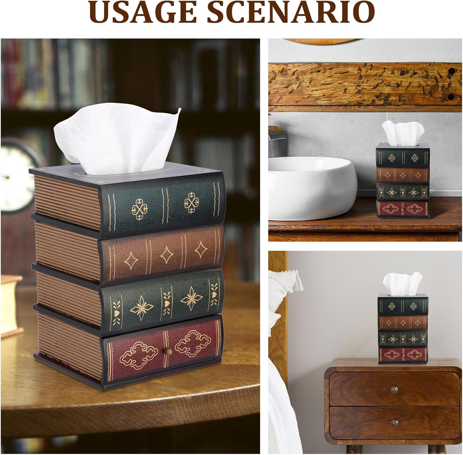 Antique Wooden Book Tissue Holder with Storage Drawer, Square Tissue Box Cover Decorative Tissue Dispenser Case Retro Vintage Library Decor for Table Desk Bathroom Living Room Office