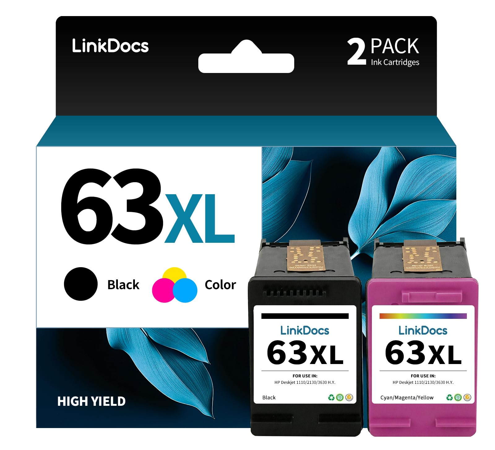 LinkDocs Remanufactured HP 63xl Ink cartridges Black and Color Replacement for HP 63 63XL Work with HP OfficeJet 3830 5255 5258 Envy 4520 4512 DeskJet 1112 1110 3630 Printer