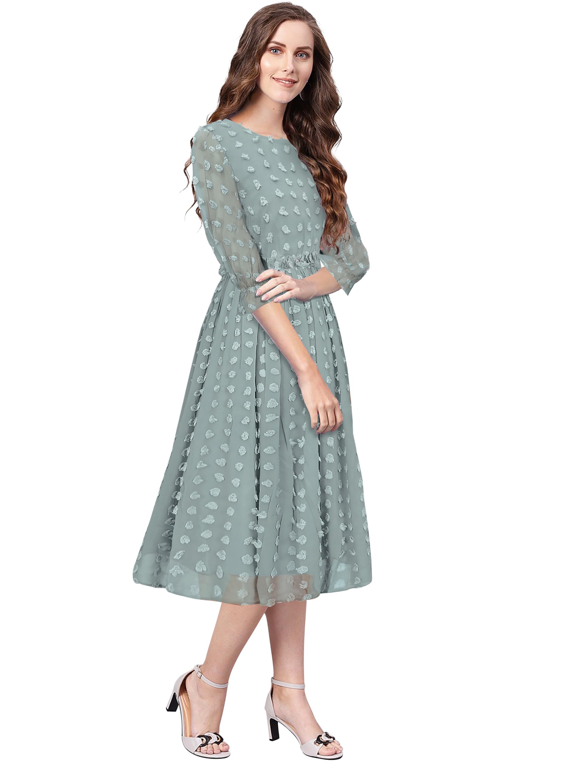 Toochki Women's Sea Green Dobby Georgette Woven Fit & Flared Western Dress | Dress For Women | A Line Dress | Winter Dress | Western Dress | Latest Women Dress | Trendy Dress | Midi Dress