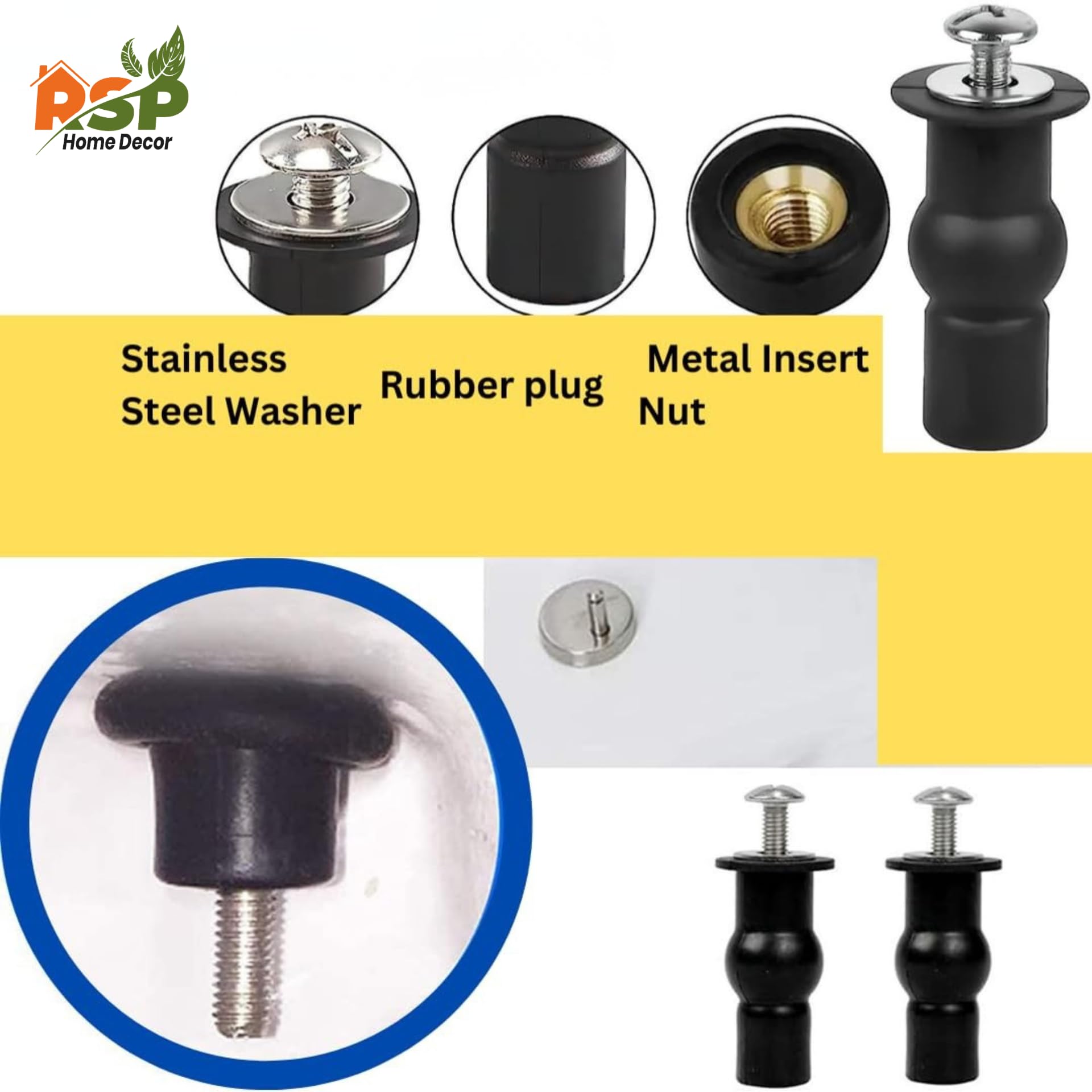 Universal Toilet seat Cover Hinges Screw Blind Hole fixings Expanding Rubber for Top Mounting Toilet Seat Hinges-2 Pairs (4 Pack) 4