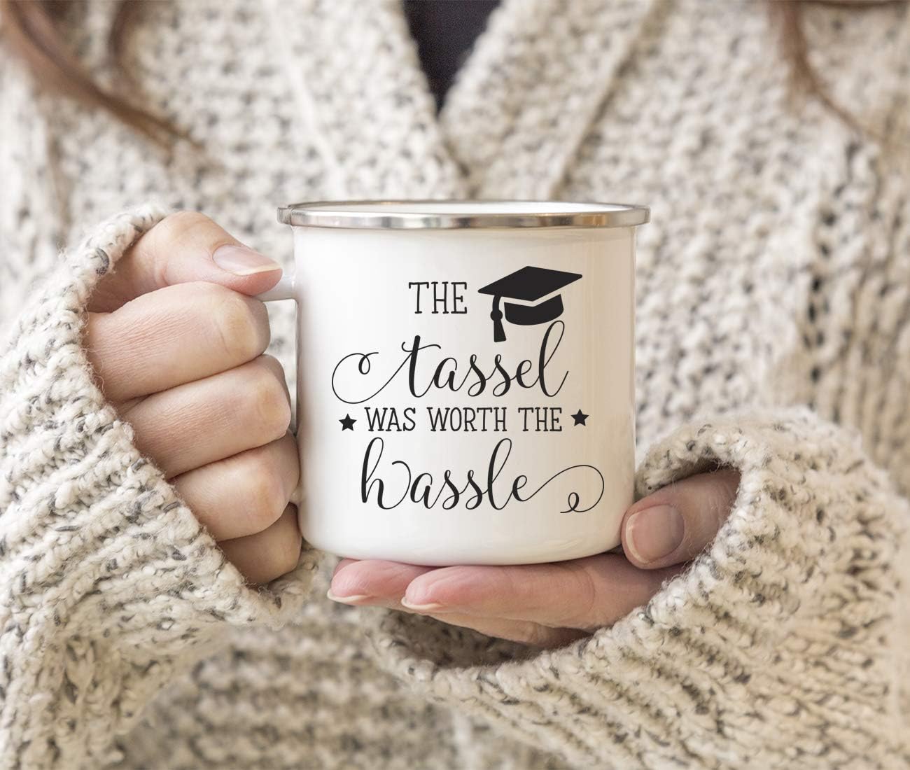 Andaz Press Funny Graduation 11oz. Stainless Steel Campfire Coffee Mug Gag Gift, The Tassel was Worth The Hassle, Star Graphics, 1-Pack, Funny Witty Present Ideas for Him Her Classmate Friend