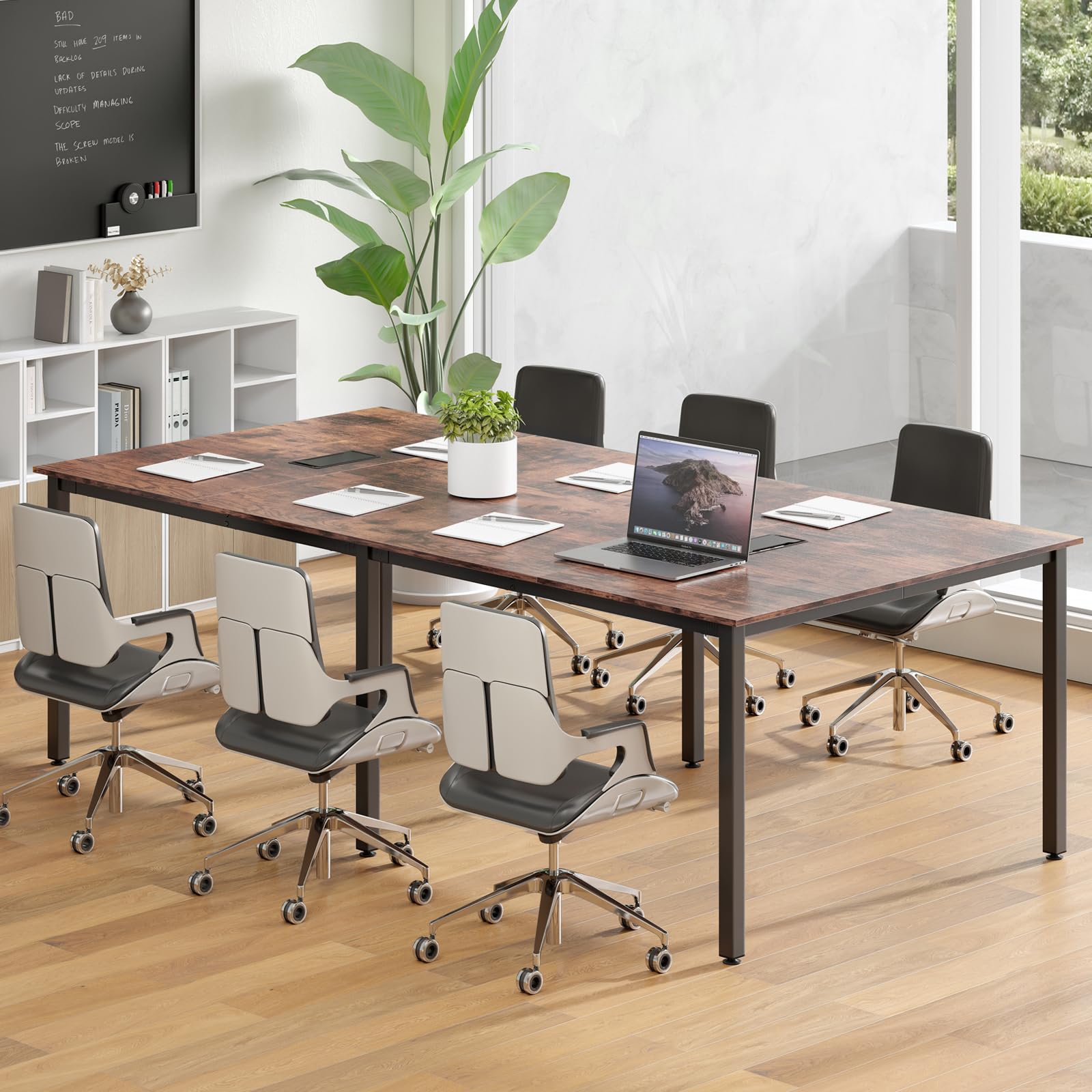 GYMAX Konferenztisch 240 x 120 cm, Bürotisch für 8-10 Personen, Langer Arbeitstisch mit robustem Metallrahmen & 2 Kabeldurchführungen, Computertisch Esstisch für Home, Konferenzraum