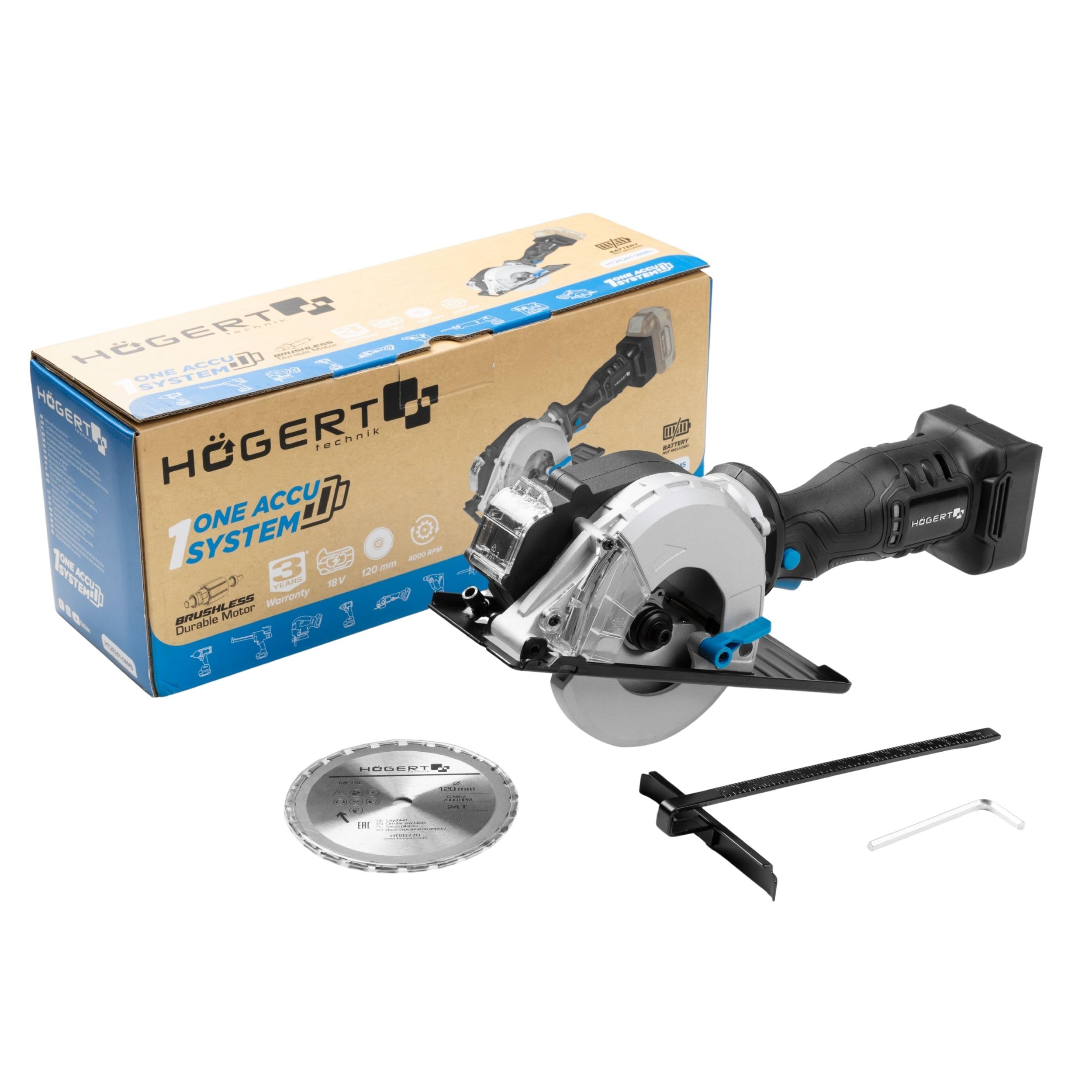 HÖGERT TECHNIK - bezszczotkowa akumulatorowa ręczna piła tarczowa 18 V mini piła tarczowa do metalu 120 mm 41,5 mm głębokość cięcia 4000 obr./min kompaktowa lekka aluminiowa osłona prowadnica