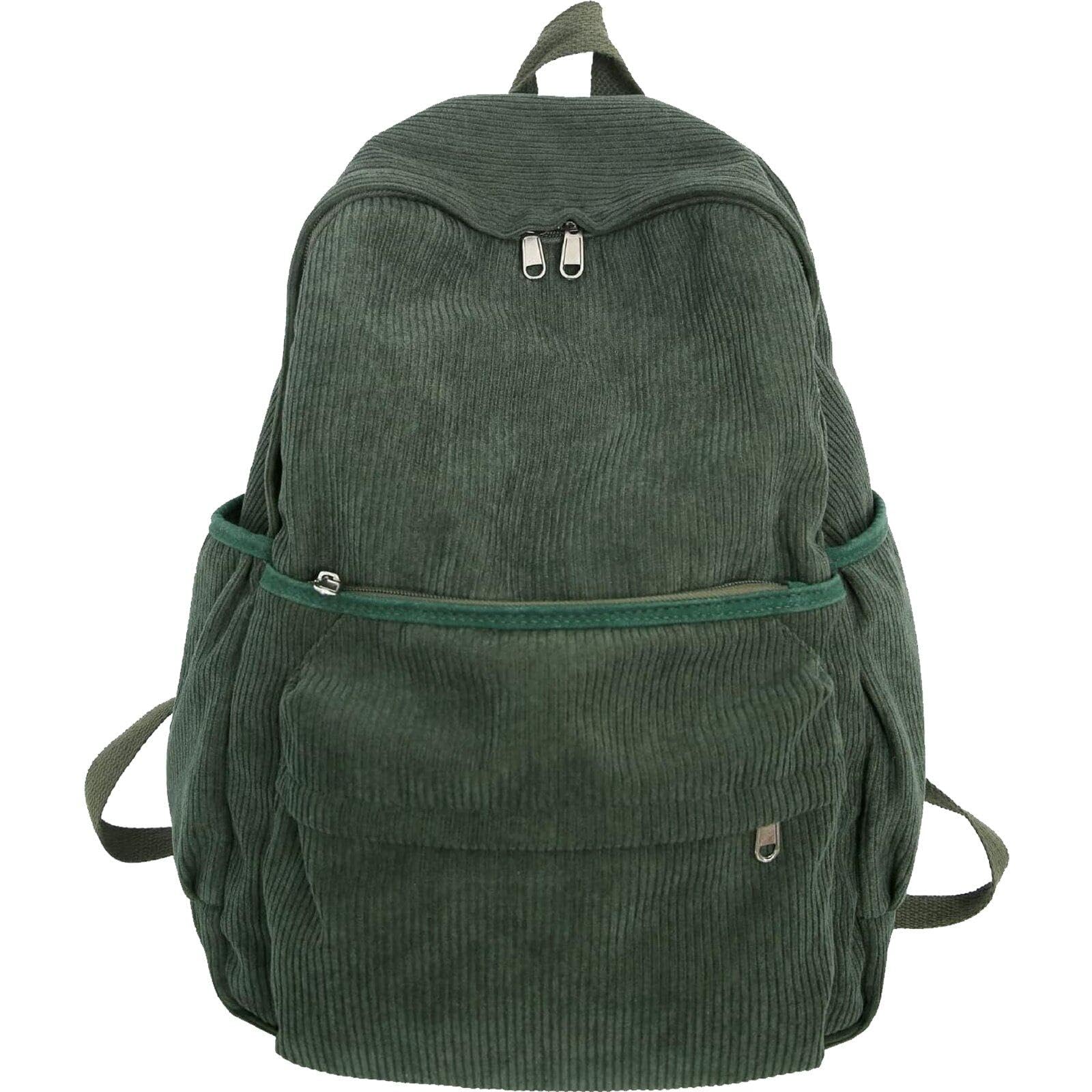 Sac à dos en velours côtelé vert de grande capacité pour lycée et université