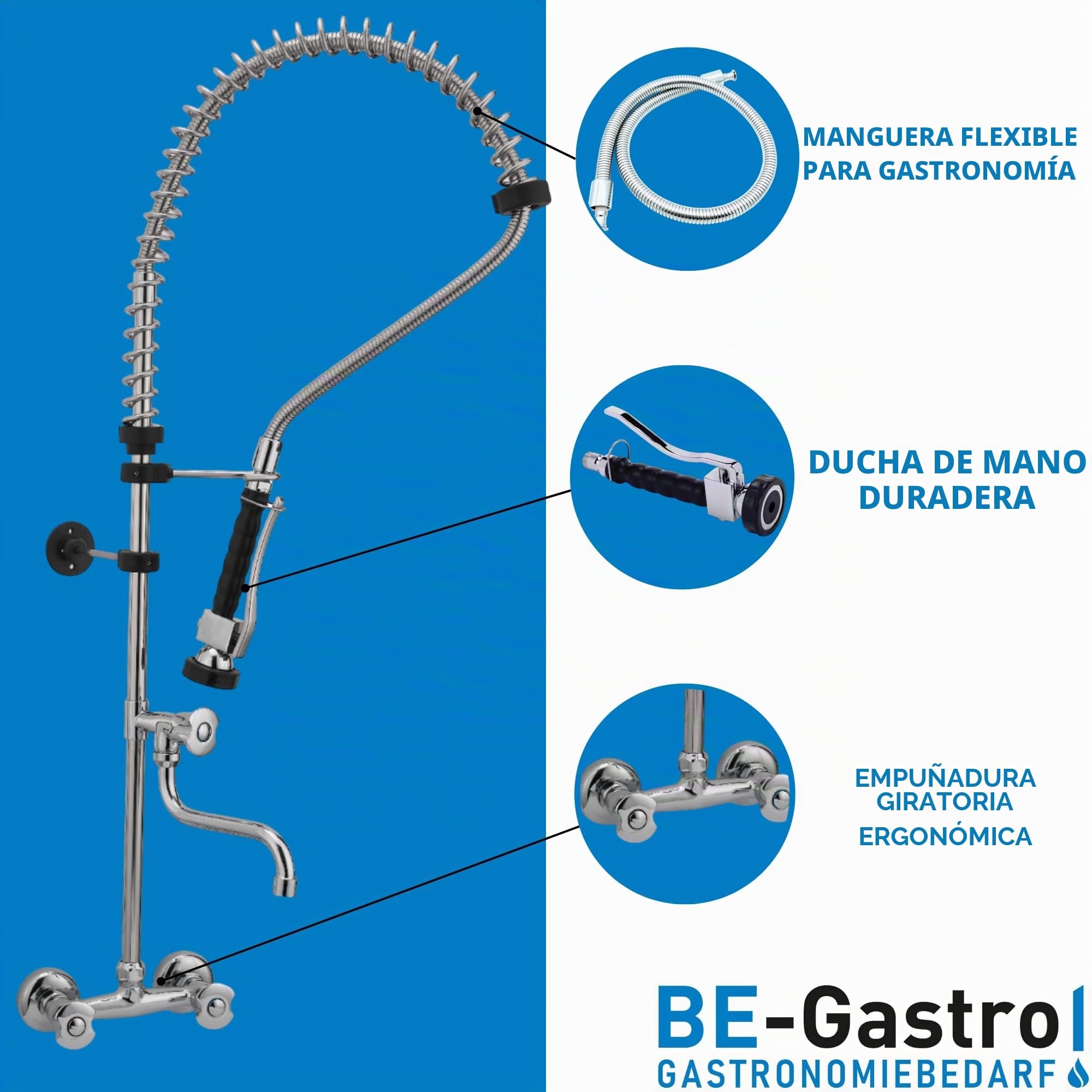 BE-GASTRO I Grifo Industrial Hostelería - Grifo de cocina con dos orificios (incluye grifo, grifo mezclador y mango ergonómico de palanca I Ducha gastronómica con accesorios, grifo de pared