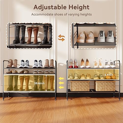 Miniatura 4 de Zapatero de 3 niveles, 32.5 pulgadas de ancho, apilable, resistente, estante organizador de almacenamiento de zapatos con altura ajustable para