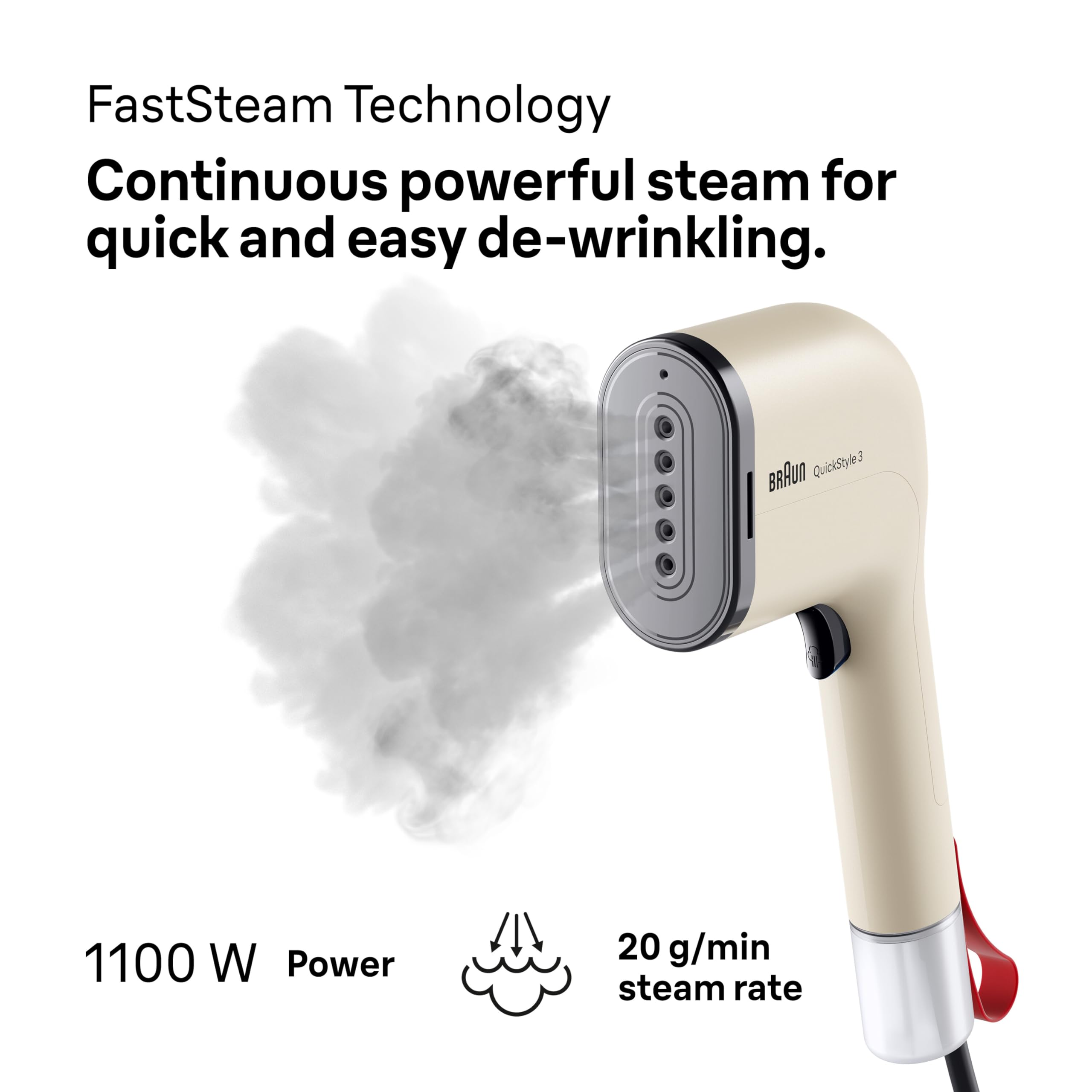 Braun QuickStyle 3 GS3012BG, kompakter und leichter Steamer, Dampfglätter mit schneller Aufheizung, Dampf 20 g/min, abnehmbarer 70 ml Tank, hitzebeständige Tasche, 1100W, Beige