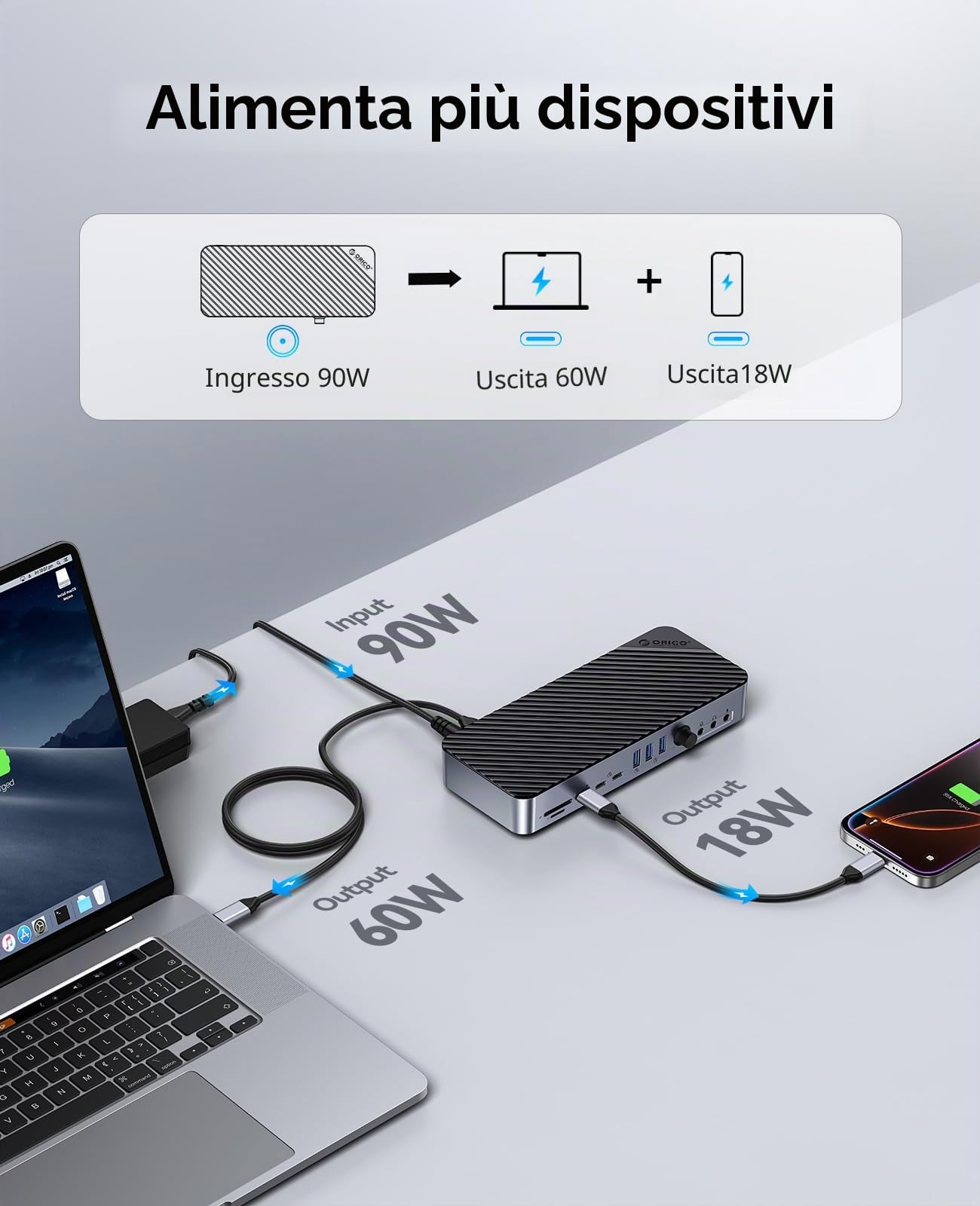 ORICO 22 IN 1 Docking Station DisplayLink, Hub USB C a Quattro Display con 3 DP/HDMI, Uscita Singola 8K, 60W PD, USB C 3.2 18W PD, 2 Tipo C 3.2, Tipo A 3.2, 3 USB A 3.0, RJ45, 3 AUX