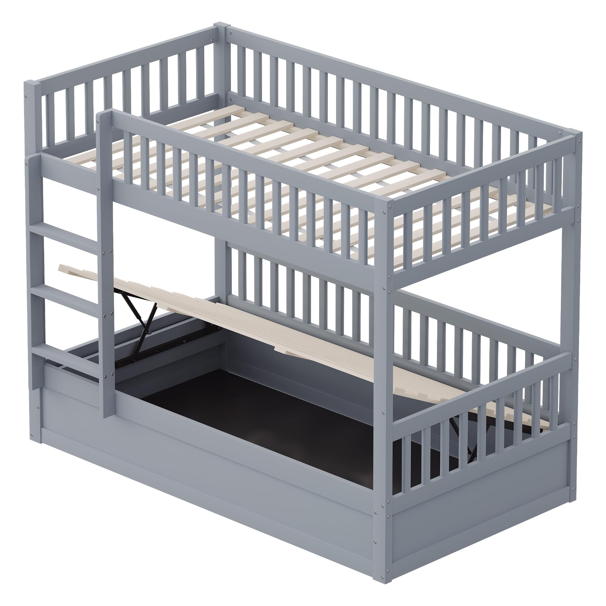 Idemon Letto a castello per bambini 90 x 200, letto idraulico in legno massiccio, stabile e durevole, con vano portaoggetti, letto per ragazzi (grigio)