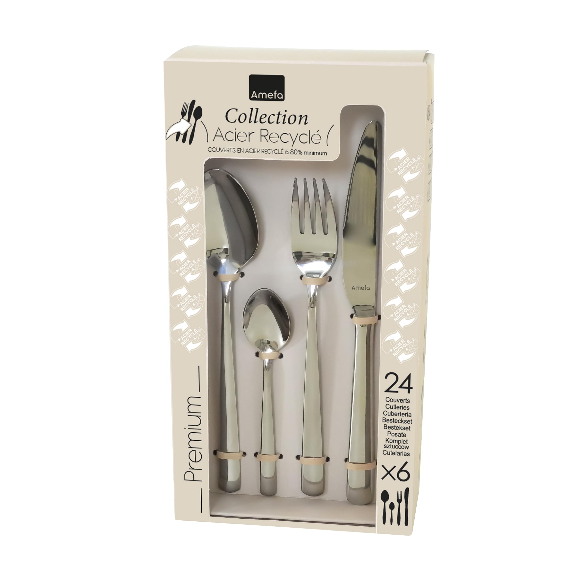 Amefa Phoenix - Cubertería, 24 cubiertos de mesa, para 6 personas, acero inoxidable reciclado 18/0, acabado espejo