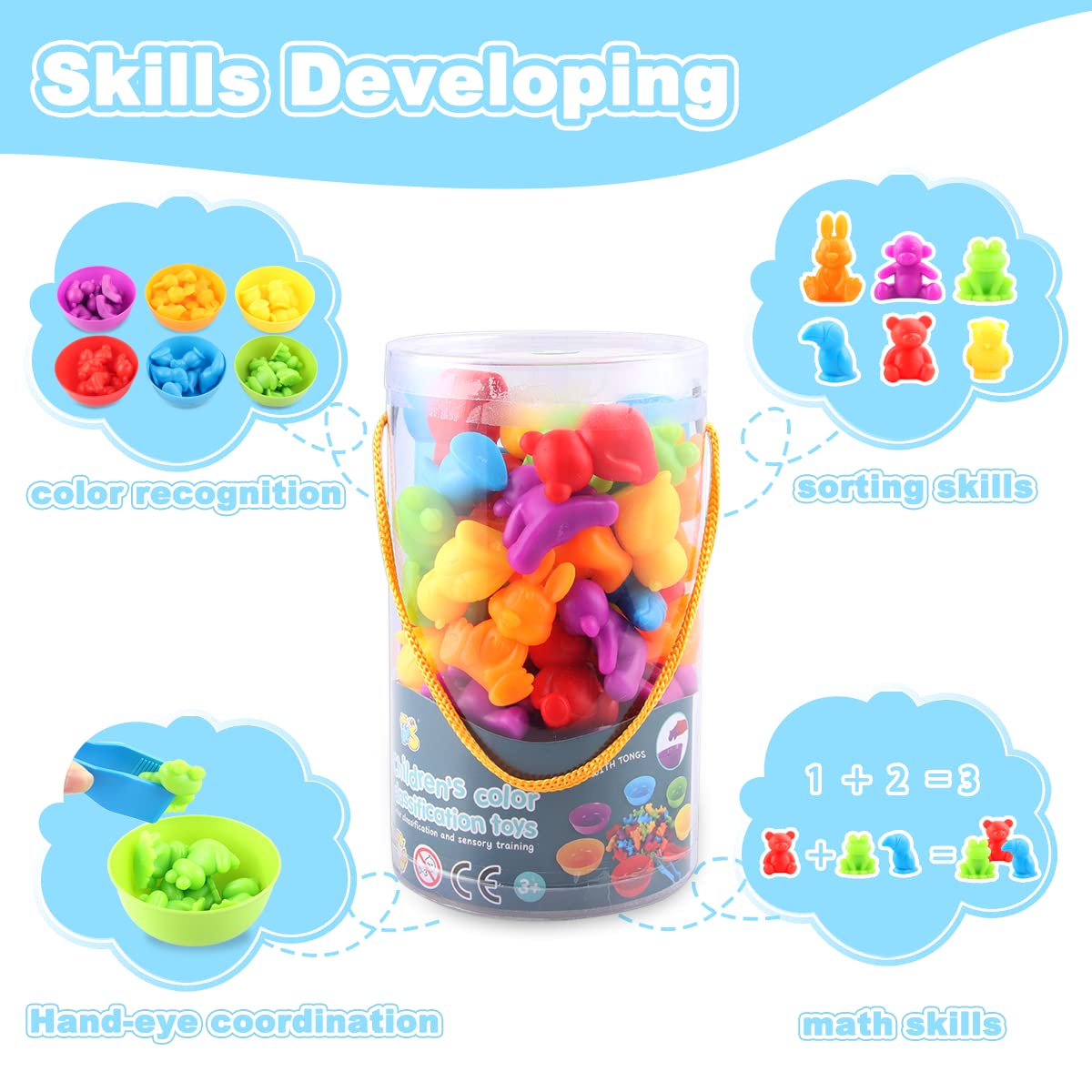 AllLeeGay Montessori Counting Rainbow Toys - 48 Koala Colorati Con Ciotole E Pinzette