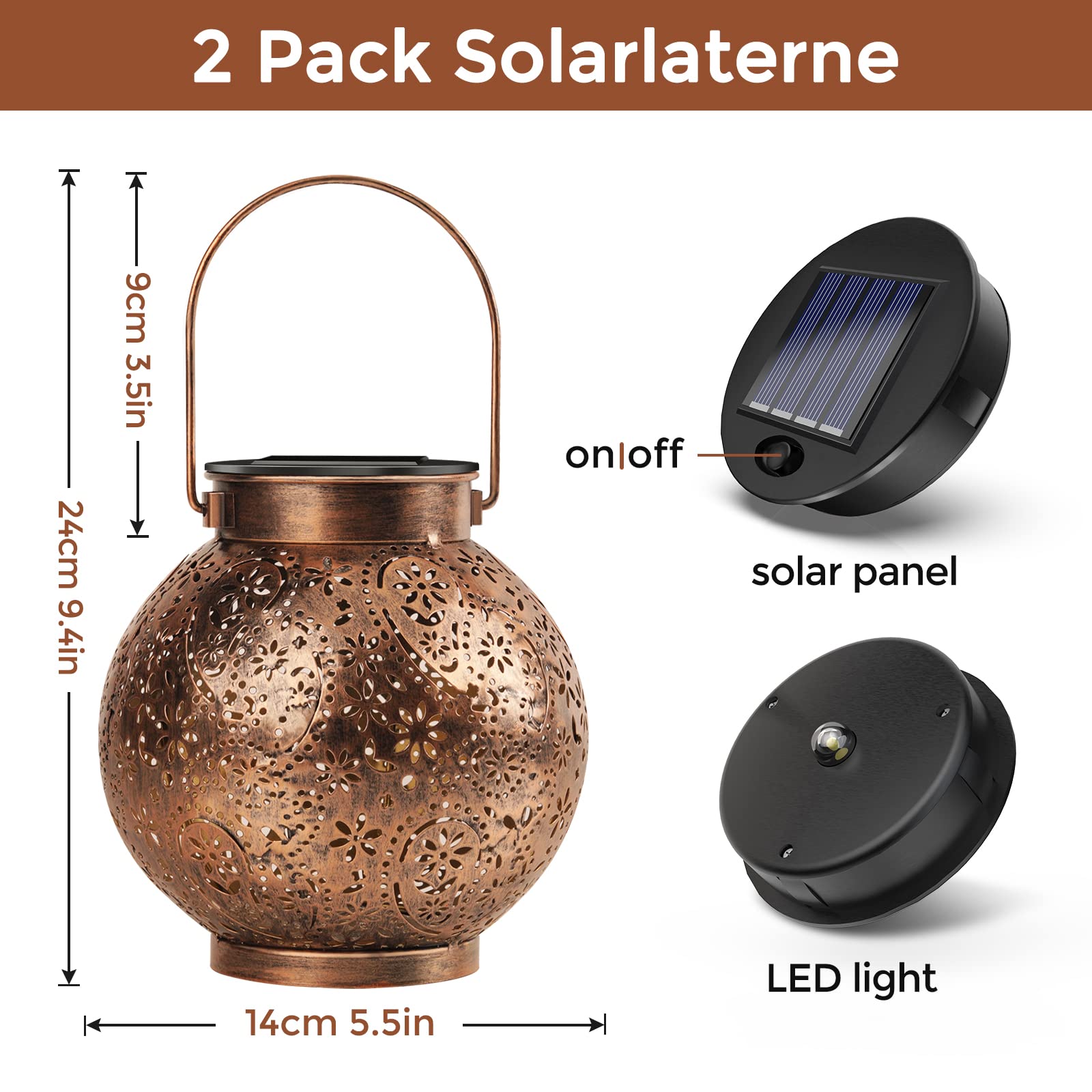 OUILA Solarlaterne für AuÃŸen, 2 Stück Solarlampen Balkon Deko, Outdoor IP65 Wasserdicht Gartendeko für DrauÃŸen, LED Vintage Laterne Hängend für Veranda, Garten Dekorationen Terrasse Rasen Hof G