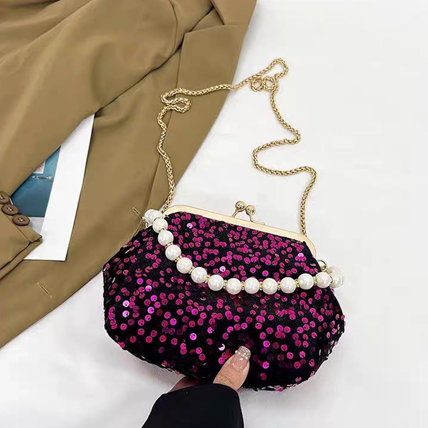 Evening Bag Clutch Purse for Women, Sparkling Sequin Handbag, Elegant Pearl Crossbody Bag, Ladies Purse