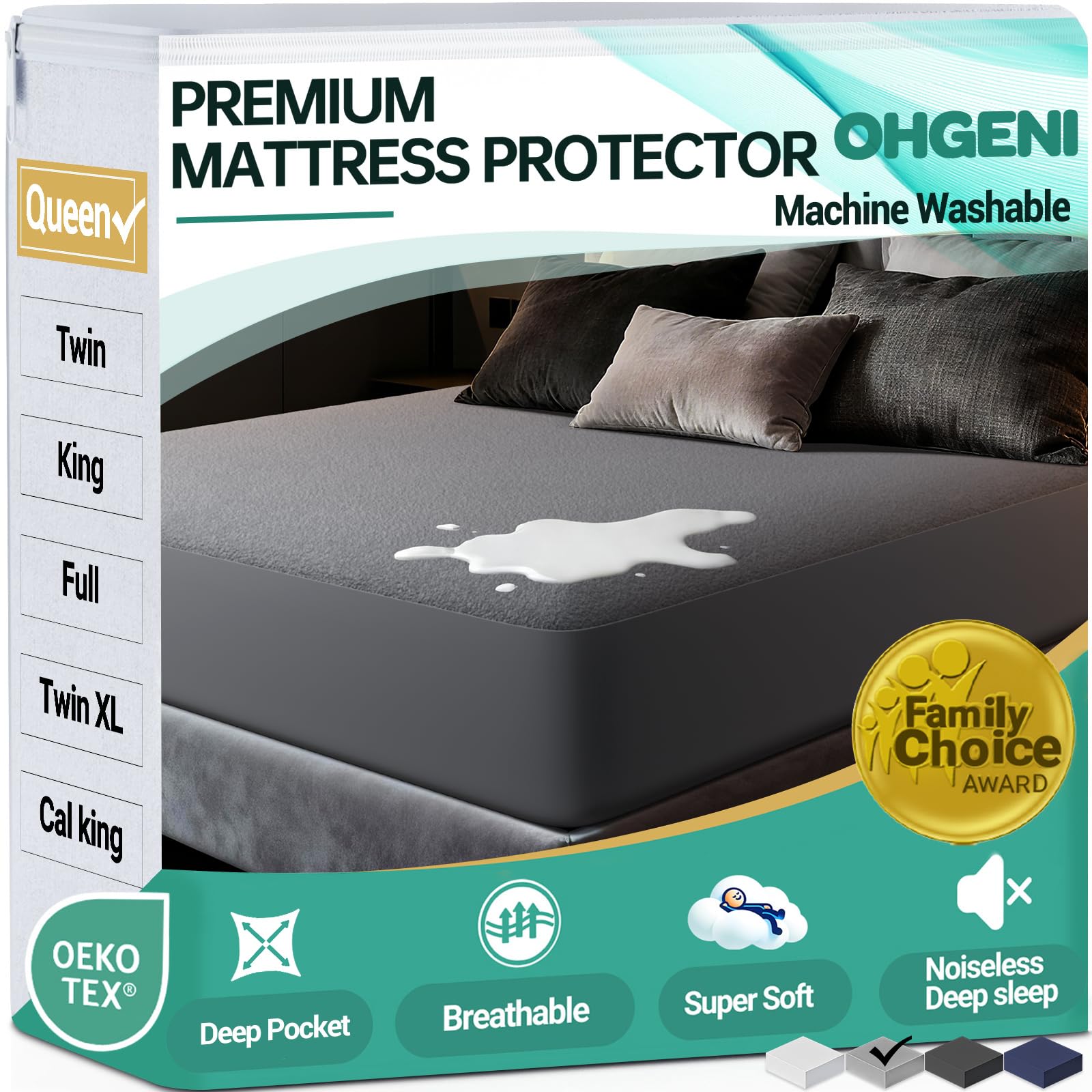 OhGeni Waterproof Mattress Protector, Queen Size Mattress Pad Fitted with Deep Pocket 6"-18", Breathable Noiseless &amp; Soft, Washable Dirt-Proof Mattress Cover for Home, Hotel, Gray, Daybed Cover