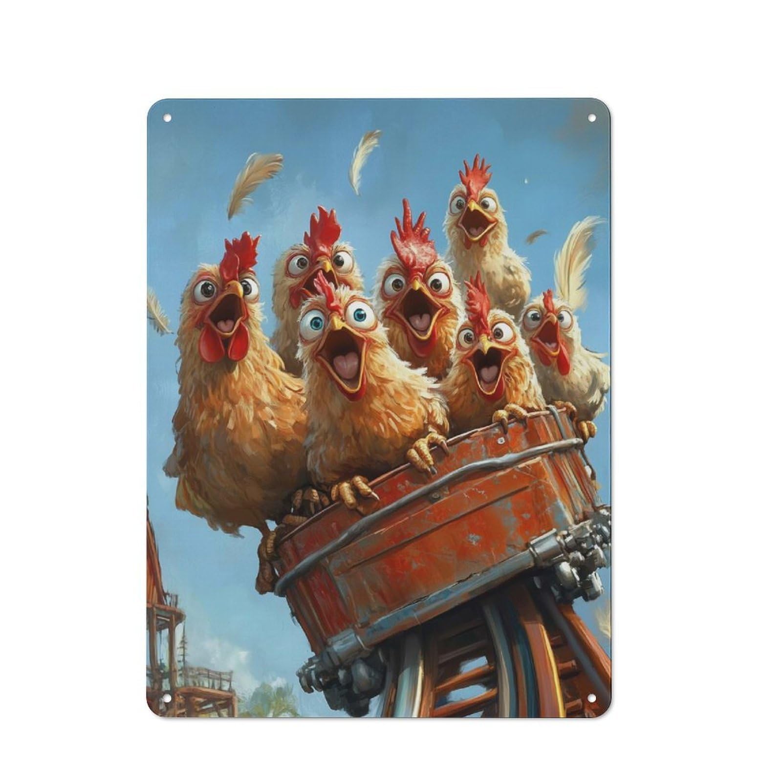 Junmoney Chickens On Rollercoaster Vintage Metal Plaque 40X30cm For Guest Room Or Hallway, A Decorative Christmas Gift For Guest Room Decorators