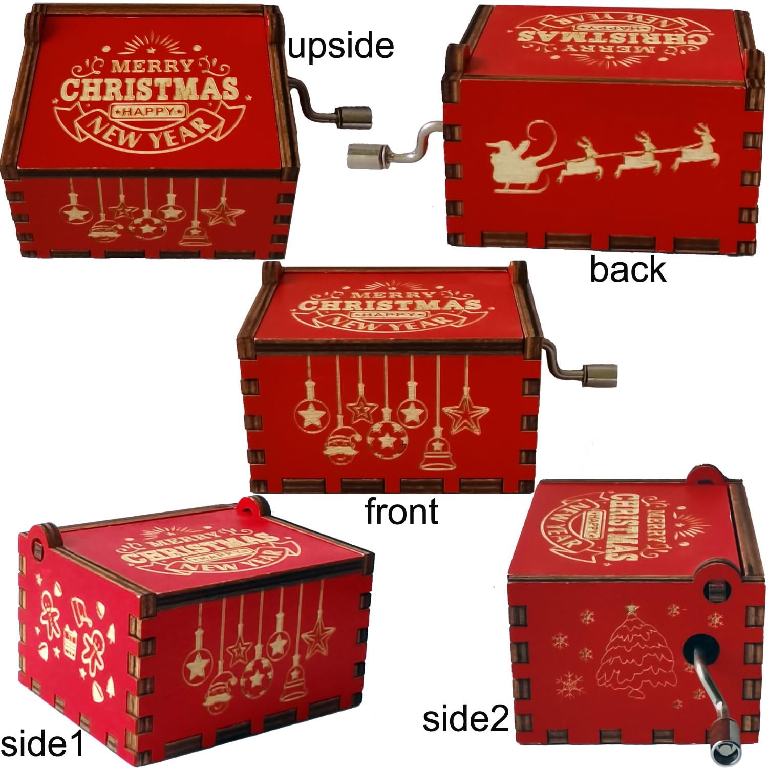 Wooden Merry Christmas Music Box For Daughter,Son,Wife,Dad,Friends,Mum,Husband,Hand Crank Tune Merry Christmas,Engraved Mechanism Wood Musical Box to Boy,Girls on Christmas Day and New Year,Red - Image 2