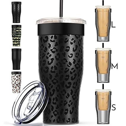 Universal Iced Coffee Sleeve - Upgraded Double Wall Reusable Stainless Steel Holder Sleeves Insulator for Cold Drinks Fits Starbucks Dunkin Donuts McDonalds Small Medium Large Cup (Black Leopard)