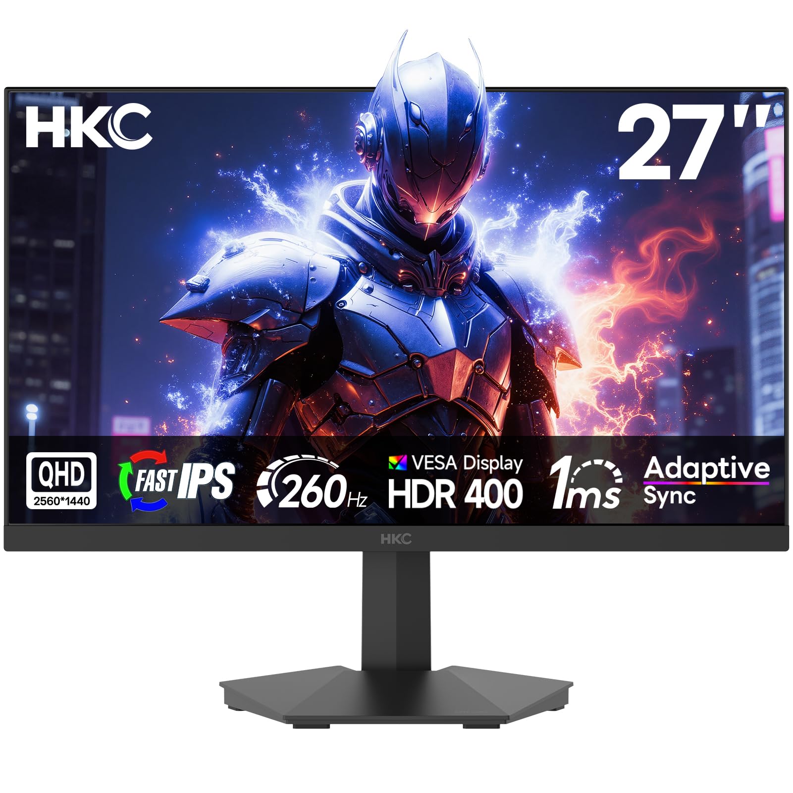 HKC Monitor QHD 27 Pulgadas Gaming 260Hz / 275Hz(UP To), Panel Fast IPS, 1 ms, HDR400, 95% DCI-P3, Adaptive Sync, 2× HDMI 2.0, DisplayPort 1.4, VESA 100×100, Tecnología Eye-Care
