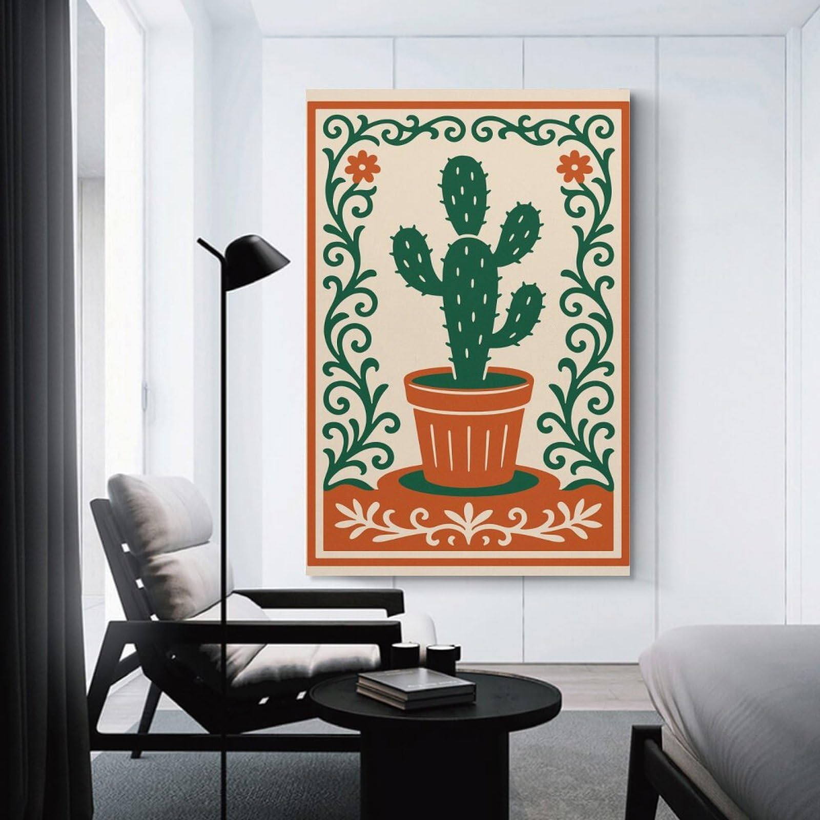 Junmoney Cactus in Pot with Floral Border Room Decor Wall Art 20x30inch(50x75cm), for Wall Displays, Bedrooms Or Room Updates, Ideal for Building A Coordinated Art Wall