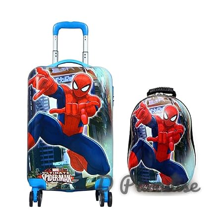 D Paradise Boys and Girls Poly-Carbonate Spiderman Suitcase and 13 Inches Backpack Combo (Blue)