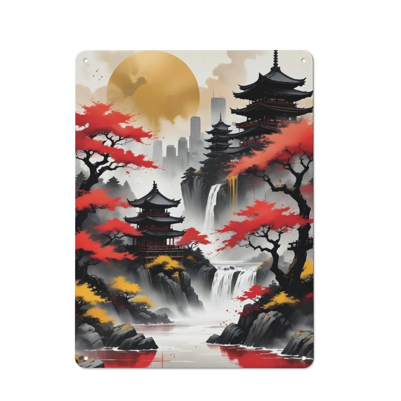 Junmoney Japan Landscape Ink 40X30cm Retro Metal Sign With For Café Or Restaurant, For Collectors Decorating Cafés And Restaurants