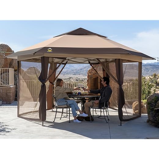 CROWN SHADES 13x13 Pop up Gazebo with Mosquito Nettings, Patented Center Lock 6-Sided Portable Gazebo, 300D Silver-Coated Fabric UV Resistant, Pop Up Canopy Tent for Patio, Party, Beige&Coffee