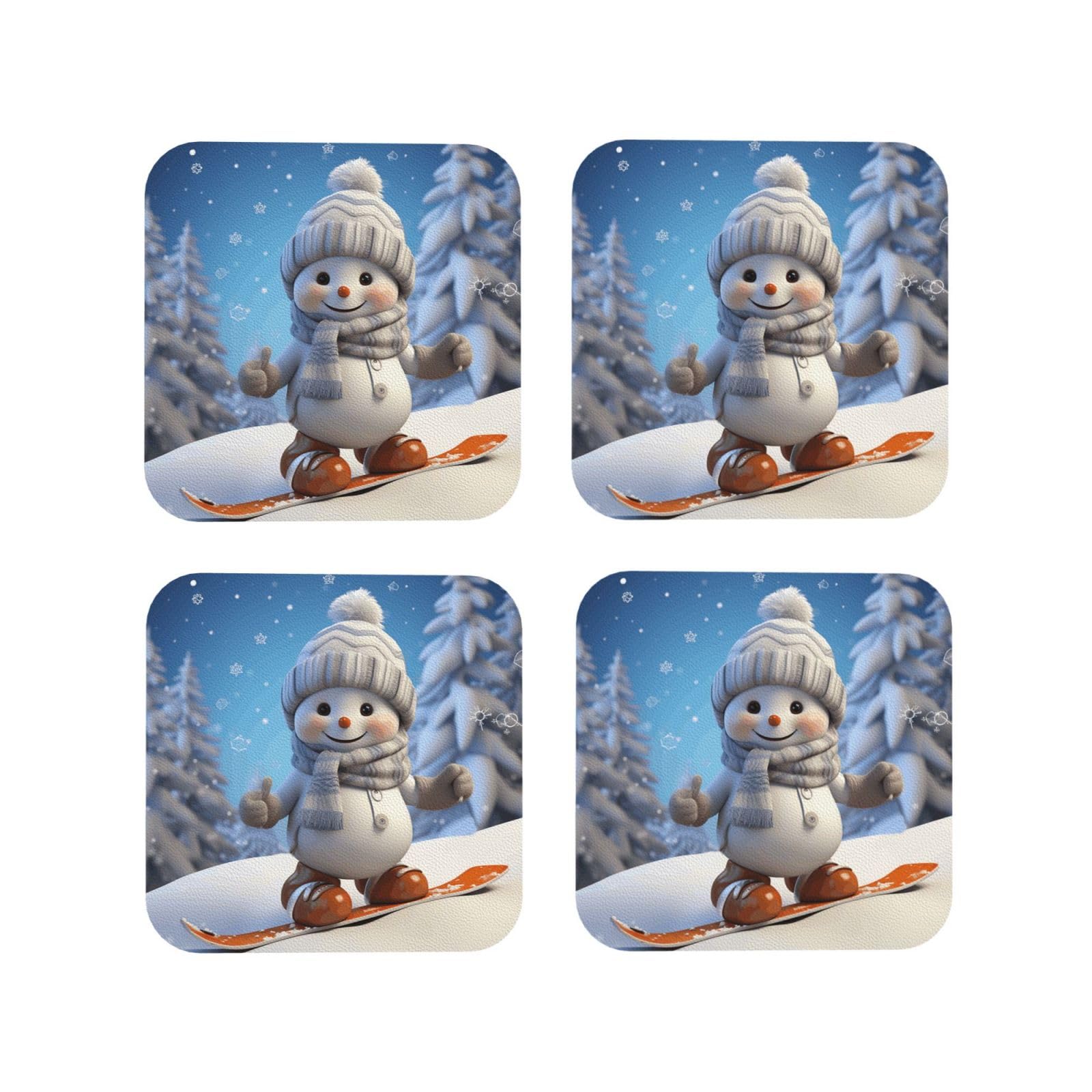 4Pcs PU Leather Coaster for Drinks, Cute Snowboard Snowman Cup Coastersr 4" Cup Mat Pad, Aesthetic Drink Coasters for Coffee Table, Square Coaster for Tabletop Protection
