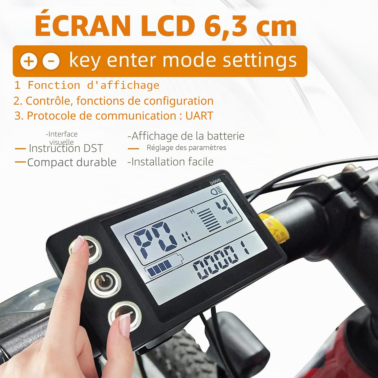 Vélo électrique S866 écran LCD, Compteur d'affichage de vélo électrique 5 Broches et connecteur étanche, d'ordinateur de vélo 24V 36V 48V de Vitesse odomètre Panneau de Commande pour Scooter/VTT