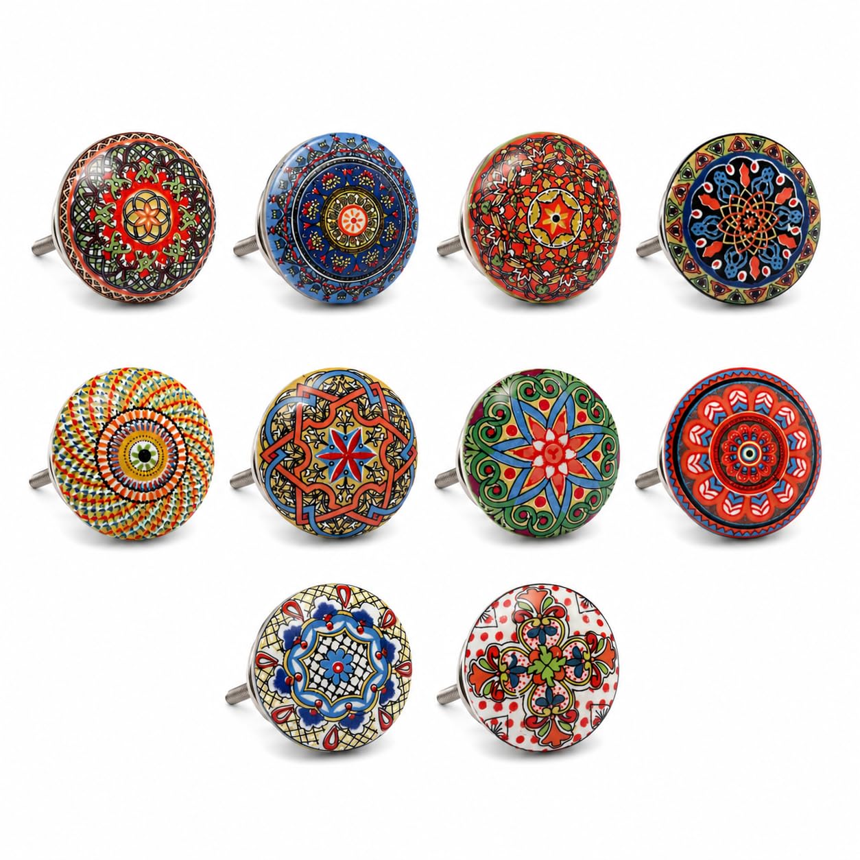 Nacnic 10 Pomos de Cerámica con Flores Estilo Mandala | Tiradores Artesanales para Cocina Cajones Armarios Muebles de Baño | Perillas de Pintadas a Mano | Diámetro y Longitud Perno 40 mm
