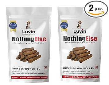 Luvin Nothing Else Human-Grade | Natural | Functional | Baked Treats for Dogs and Cats | Tuna and Sattu Sticks 150g and Chicken & Sattu Sticks - 150g