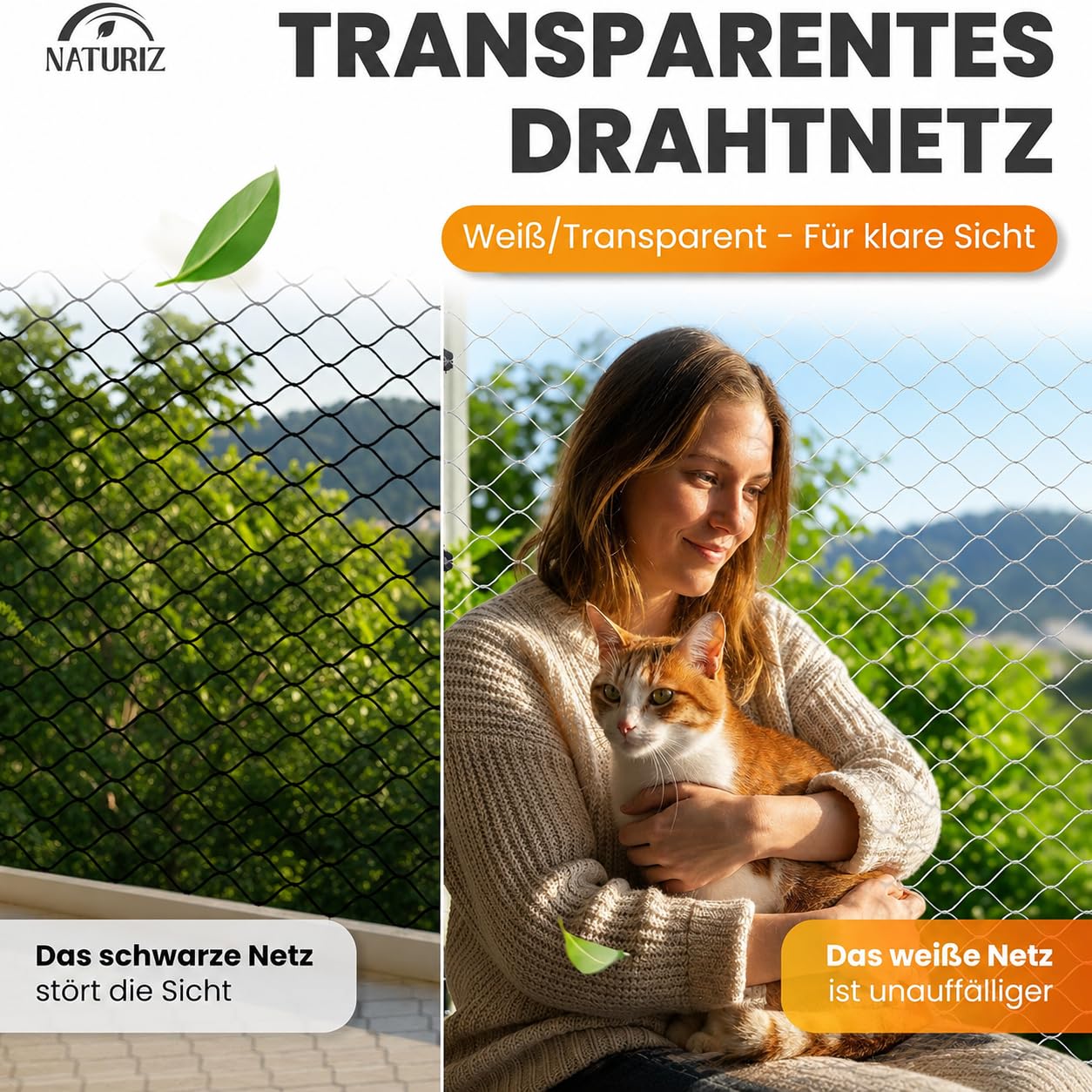 Naturiz Siatka dla kota na balkon, bez wiercenia, 3 x 4 m, wzmocniona drutem, przezroczysta/biała, kratka dla kota w zestawie z haczykami samoprzylepnymi – siatka ochronna dla kotów na balkon i okna