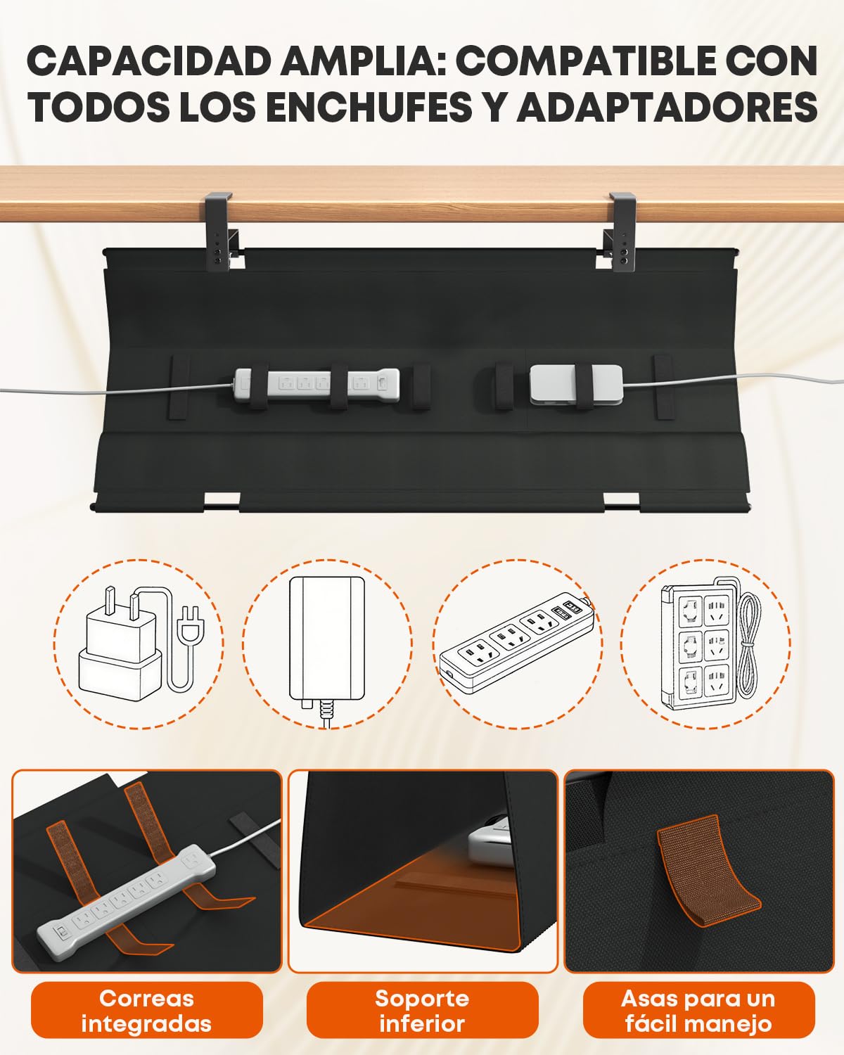 91cm Organizador Cables Escritorio Sin Taladro para Hogar y Oficina, Negro | Tela Estable, Fijación Pinzas/Tornillos, Acceso Fácil & Orden Individual, Adaptado Adaptadores & Cables Variados