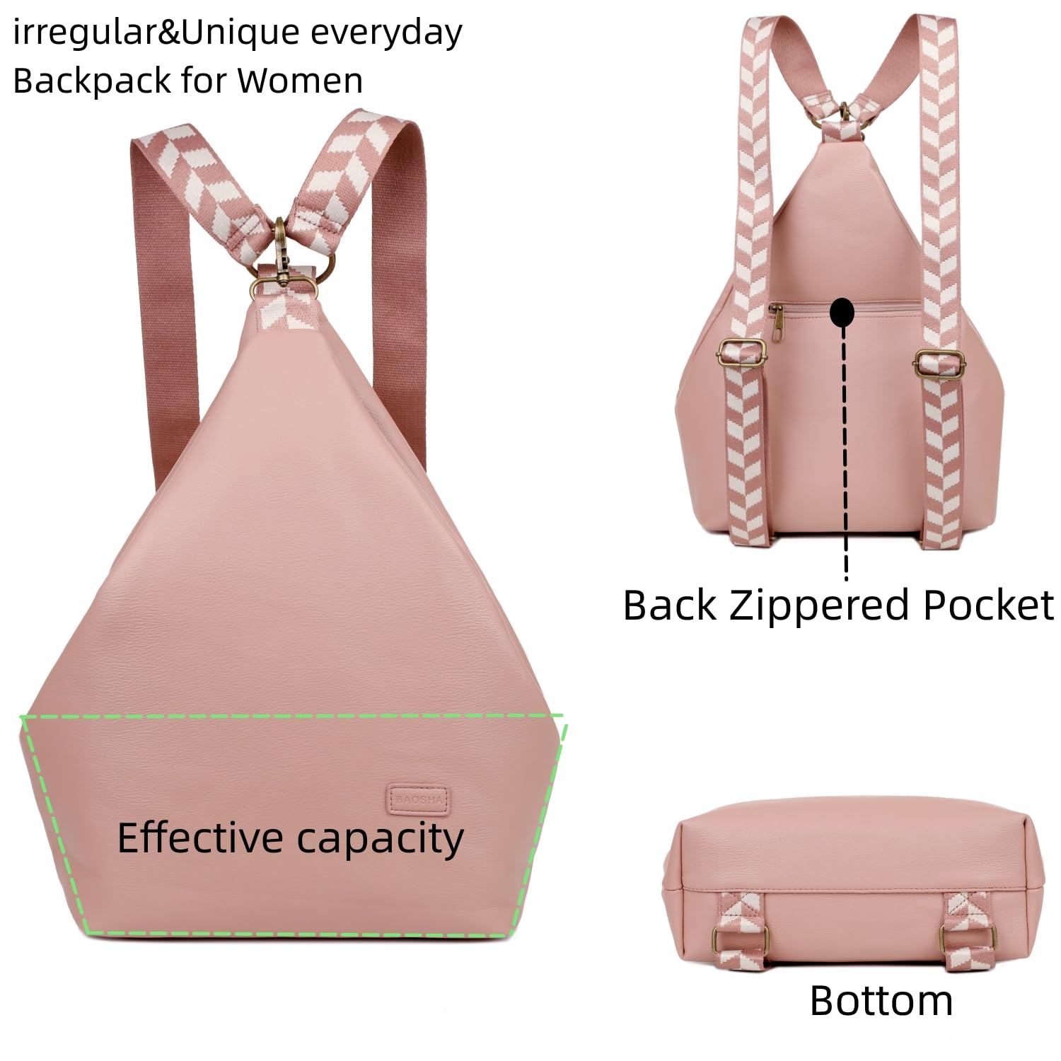 Baosha Stylish Vegan Leather Backpack purse for Women Small Hiking Backpack Sling Crossbody Backpack XB-24 (Pink)