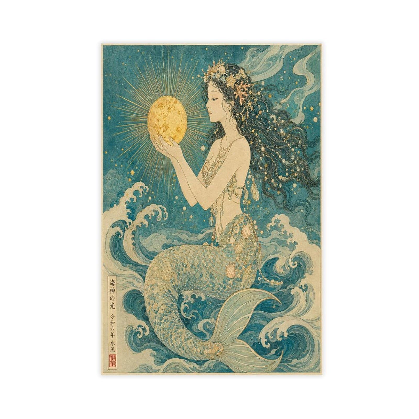 W7c8u2x3 Unframe-Style-4 Mermaid Holding Moon Canvas Wall Art, Botanical Linework Entryway
