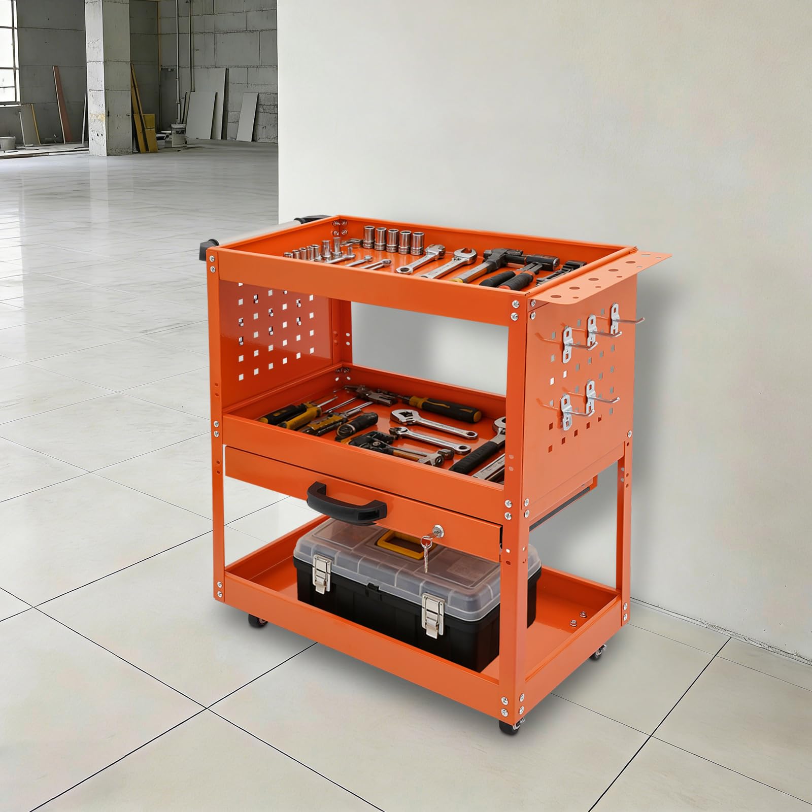 Carrello da officina a 3 ripiani con cassetto, portata 250 kg, carrello per attrezzi, per magazzino, garage, officina (arancione)