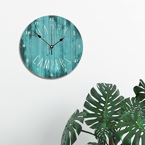 Miniatura 2 de Happy Campers - Reloj de pared turquesa para jubilación, casa rodante, camping, reloj de madera de 10 pulgadas, silencioso, sin tictac, funciona con