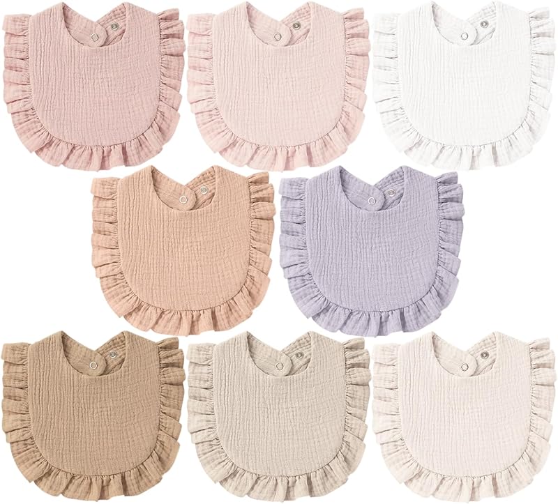 Muslin Baby Bibs, Ruffle Edge Drool Bibs, 8-Pack | 100% Muslin Cotton, Designed for Teething & Drooling Babies, Soft & Absorbent, for Boys & Girls, Newborn to Toddler (Yellow)