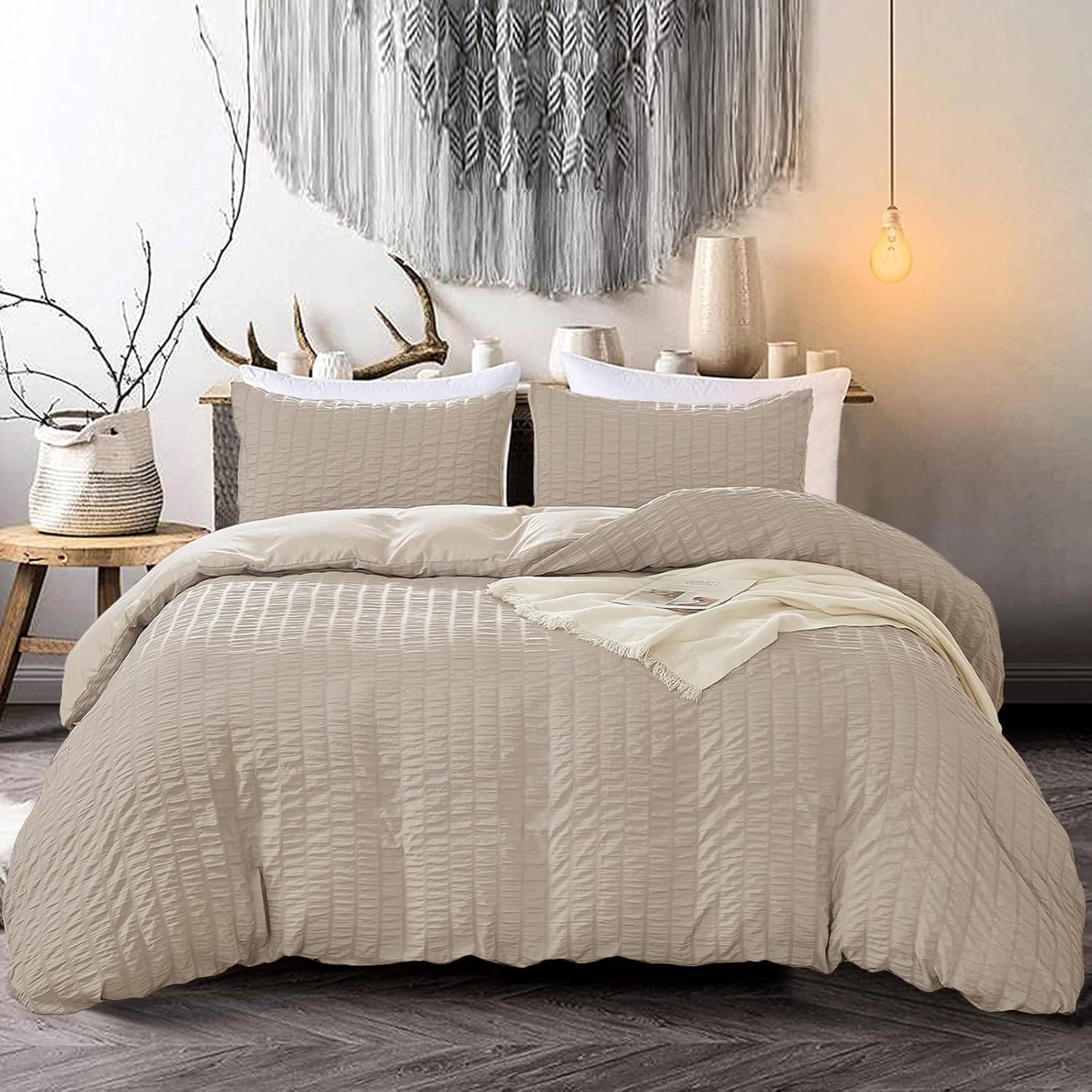 Parure de lit en seersucker kaki 220x260 avec housse de couette