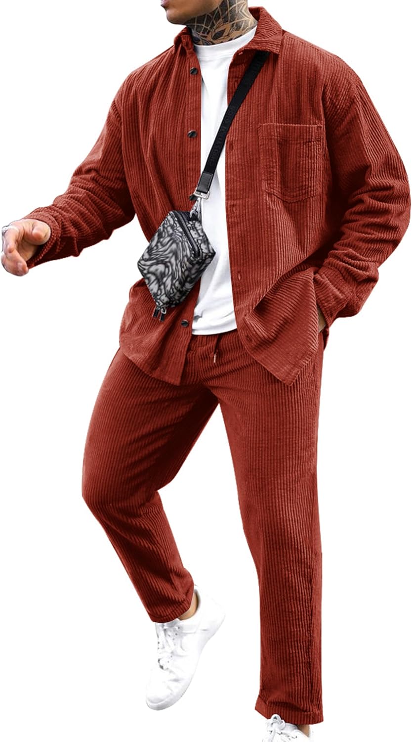 LecGee Men’s 2 Piece Corduroy Shacket and Pants Outfits Long Sleeve Causal Autumn Winter Jacket Tracksuit Overshirt Set
