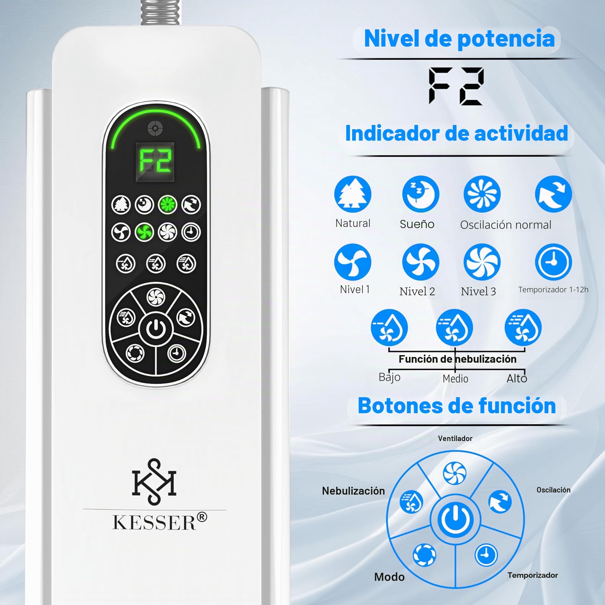 KESSER® Ventilador de pie Frosty con nebulizador de agua ultrasónico, refrigeración por agua, con mando a distancia y función de temporizador, humidificador silencioso, función de niebla, blanco