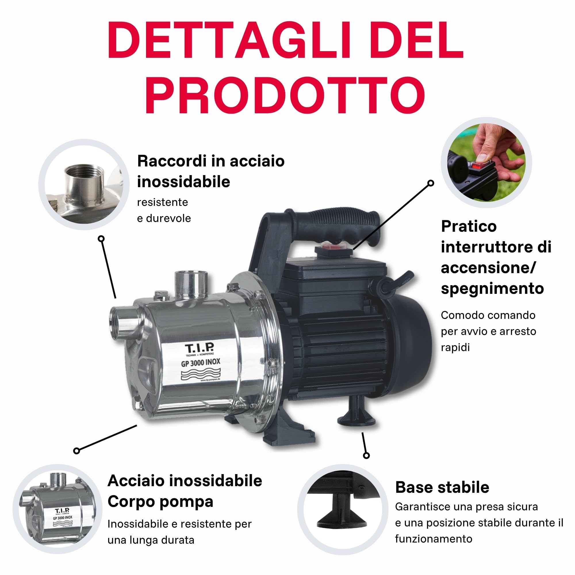 T.I.P. 30111 pompa da giardino in acciaio inox GP 3000 INOX, portata fino a 2.950 l/h, (L x P x A) 350 x 175 x 265 mm, 550W