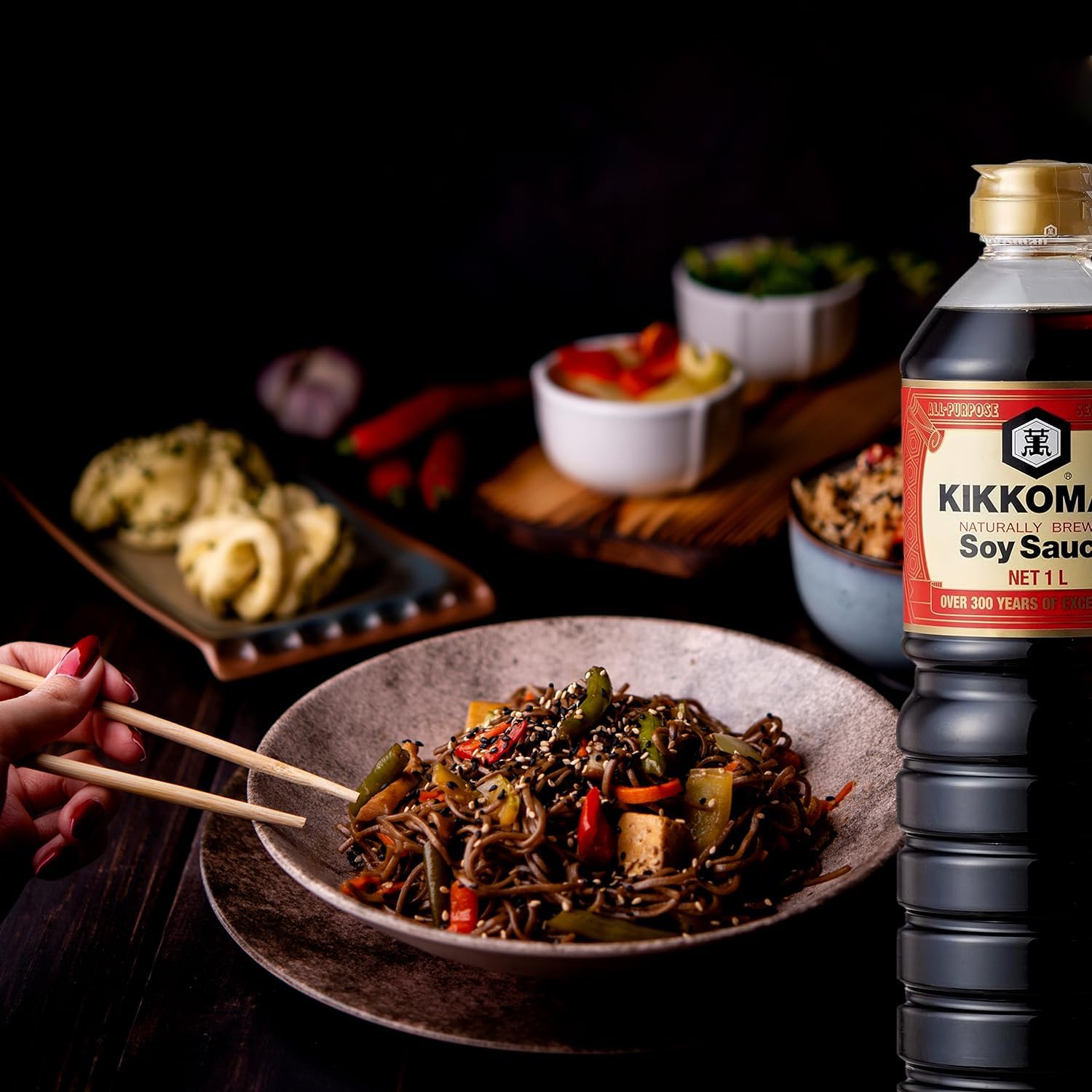 Kikkoman Naturally Brewed Soy Sauce - 1 Litre | Made in Japan, All Purpose Seasoning - 4 ingredients- Soy Beans, Salt, Water, Wheat | Vegetarian, No Added Colour or Preservatives - Image 8 thumbnail