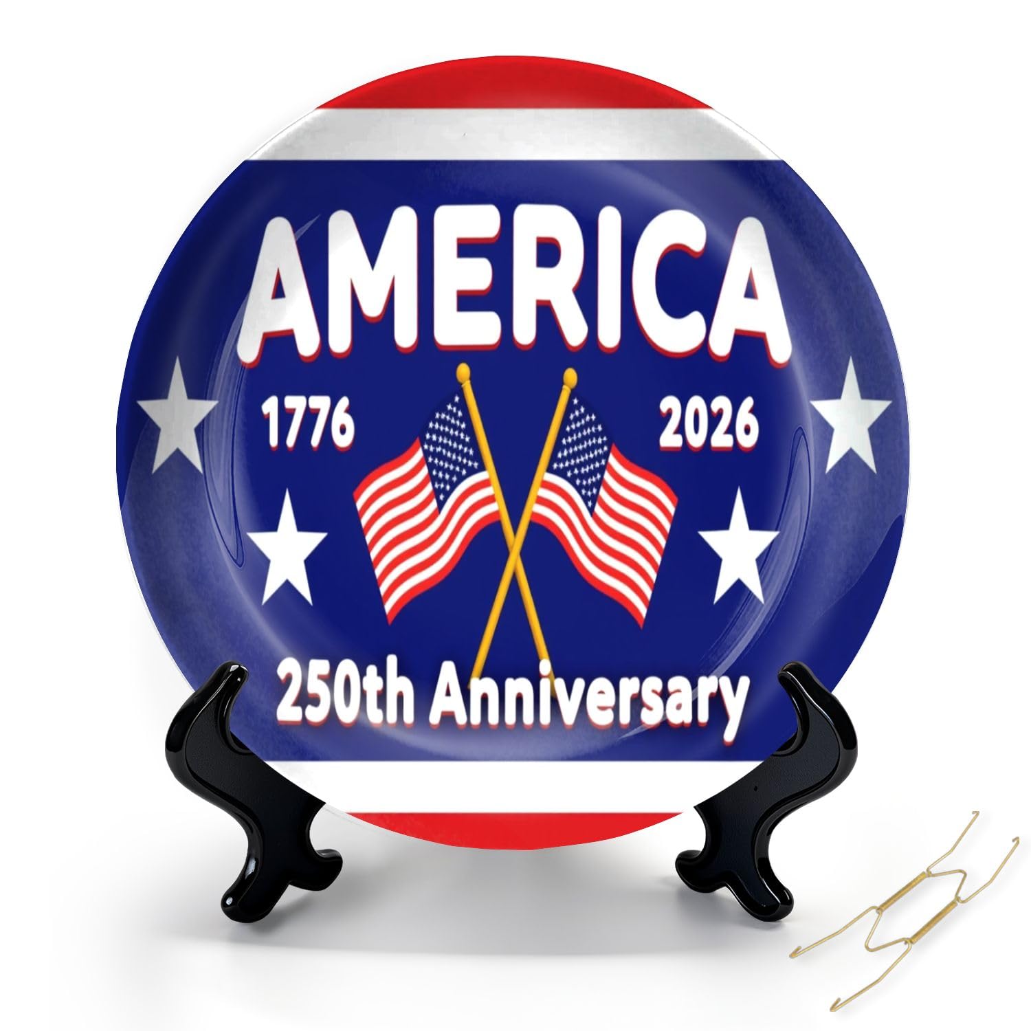 HABEN ARTWORK 250th Anniversary Decorative Ceramic Plates for Display with Stand, American 1776 2026 Semiquincentennial Wall Hanging Tabletop Commemorative Independence Gifts for Patriotic Dad 10"