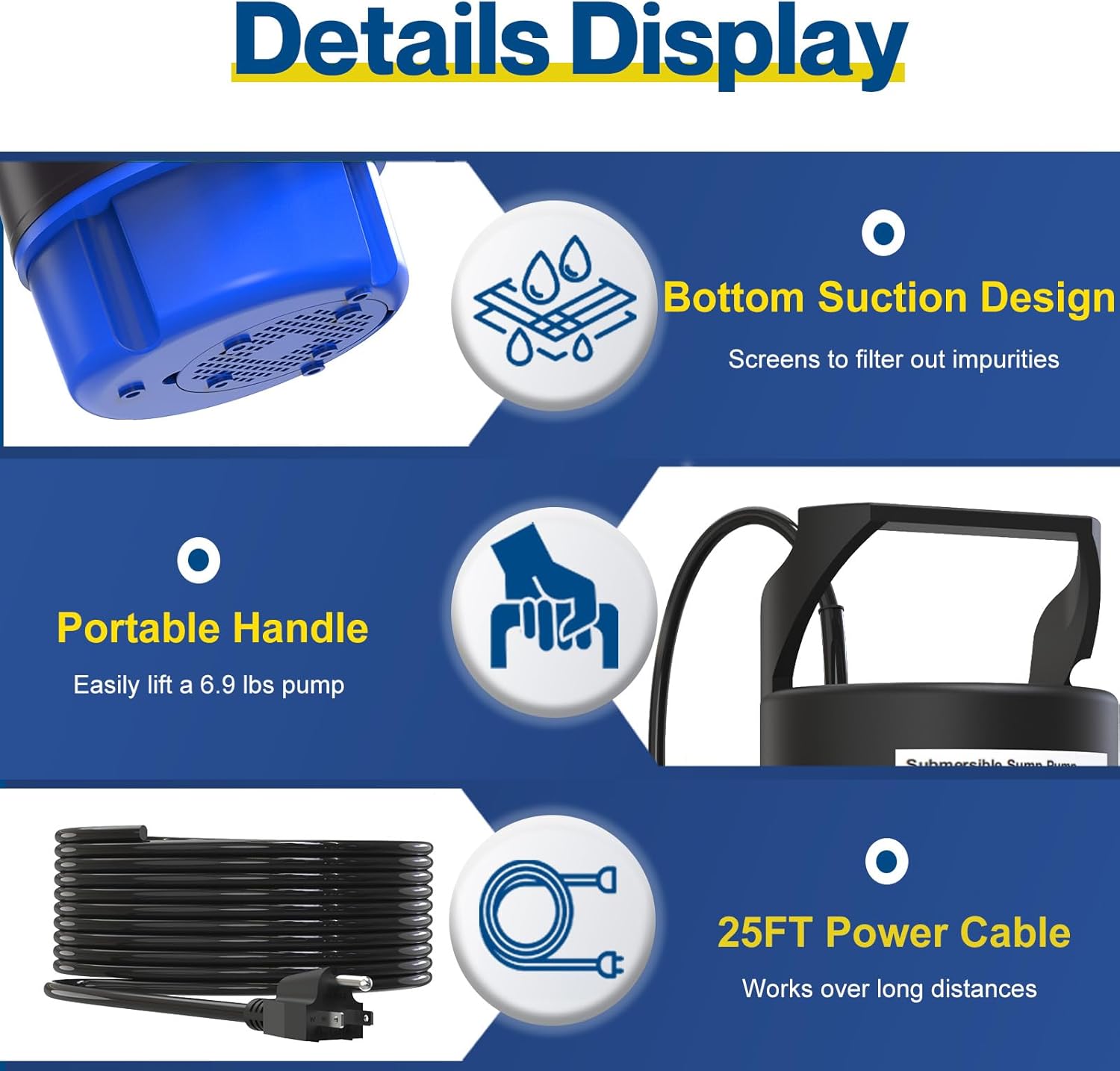 AgiiMan 1/2HP Submersible Water Pump, 2200GPH Portable Sump Pump for Pool Draining, Pool Cover Pump with 25FT Power Cord for Basements, Pool, Fountains, Hot Tub, Garden, SkyBlue