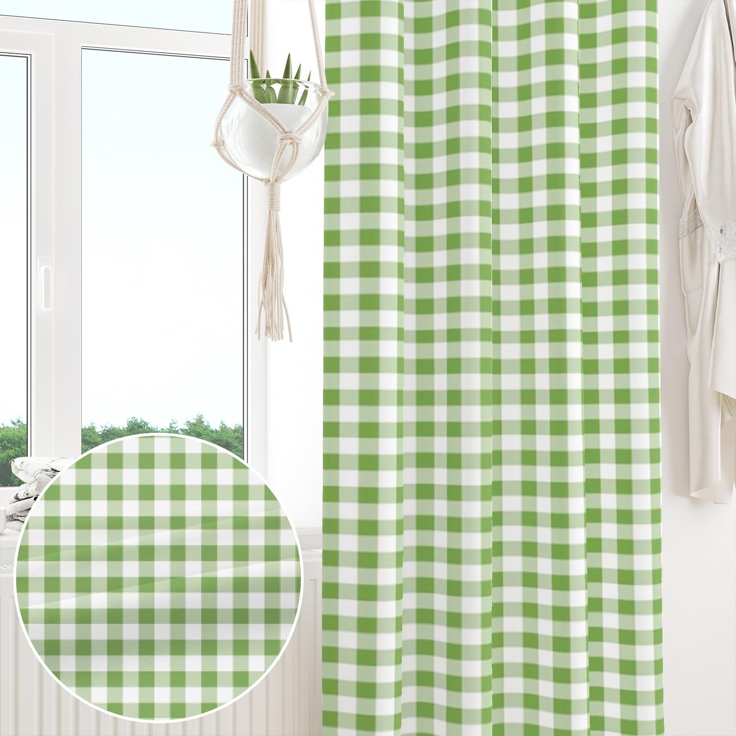 135x229cm Plaid Rideau à œillets Chiffon Buffalo Vert Sauge et Blanc Vichy Damier Motif Champêtre Thermique Rideaux occultants à œillets pour Chambre à Coucher et Salon,1 Panneau Simple