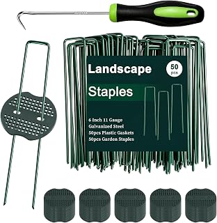 FEED GARDEN 6 Inch 50 Pcs Galvanized Landscape Staples 50 Pcs Gaskets Pick Hook Garden Stakes 11 Gauge Anti-Rust Landscaping Fabric SOD Pins U Shaped Yard Turf Stakes for Weed Barrier Fabric Green