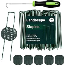FEED GARDEN 6 Inch 50 Pcs Galvanized Landscape Staples 50 Pcs Gaskets Pick Hook Garden Stakes 11 Gauge Anti-Rust Landscaping Fabric SOD Pins U Shaped Yard Turf Stakes for Weed Barrier Fabric Green