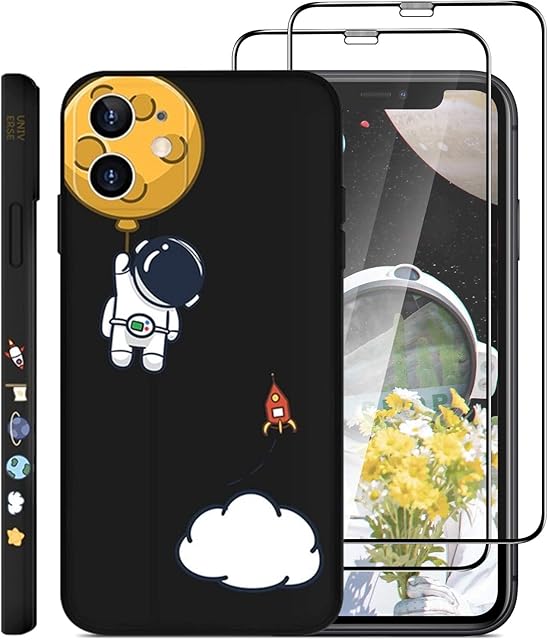 Jusy [3p] Astronaut Case Compatible with iPhone 11 & 2 Screen Protector, Cute Space Man Pattern Slim Fit Matte Silicone Cover for iPhone 11 (Black)