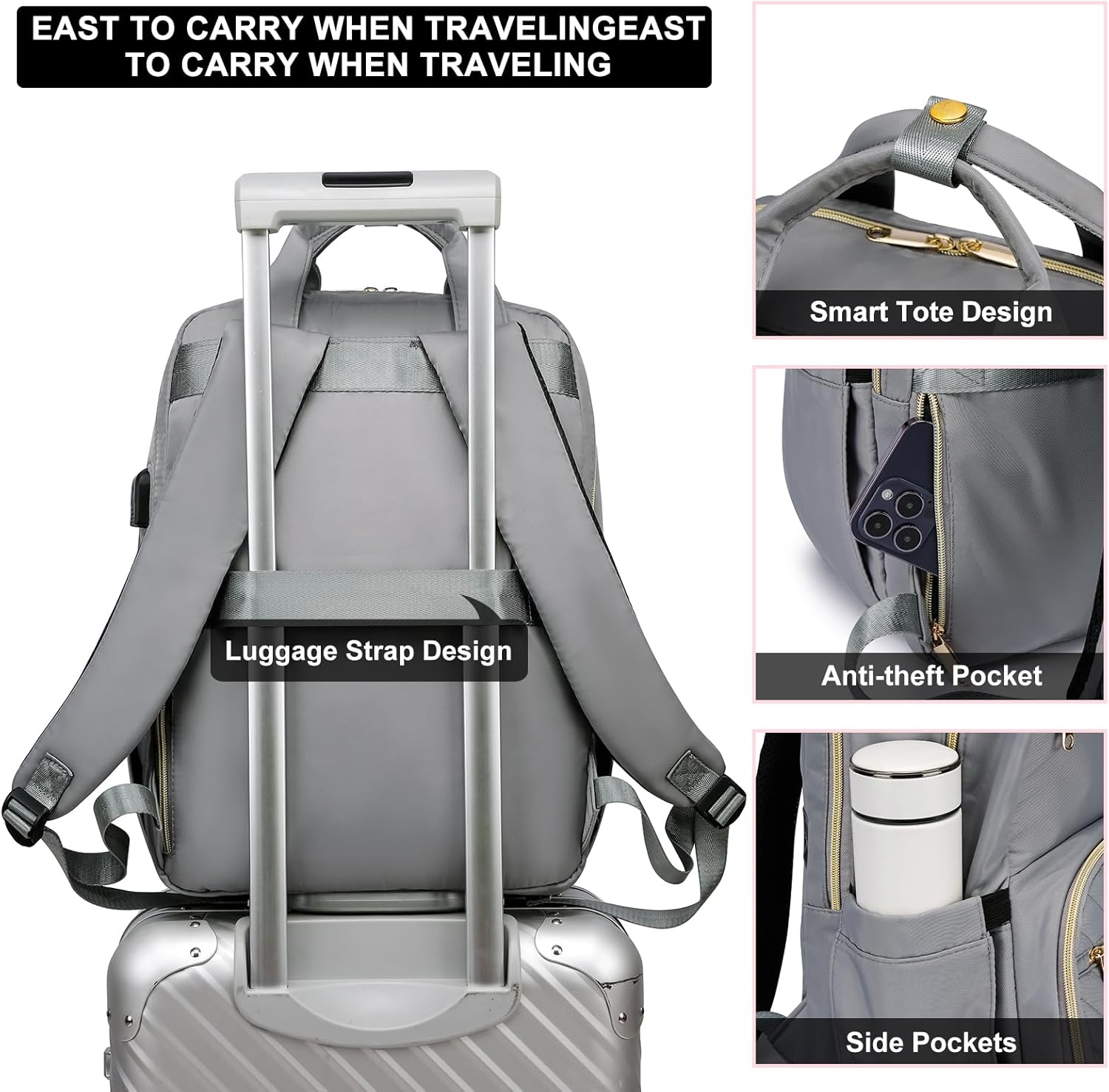 Lunch Backpack for Women, 15.6 inch Laptop Backpack with USB Port, Water Resistant Insulated Cooler Lunch Bag , Travel Work Laptop Bags with Lunch Box for College Work Pincic Camping Beaches, Grey - Image 6